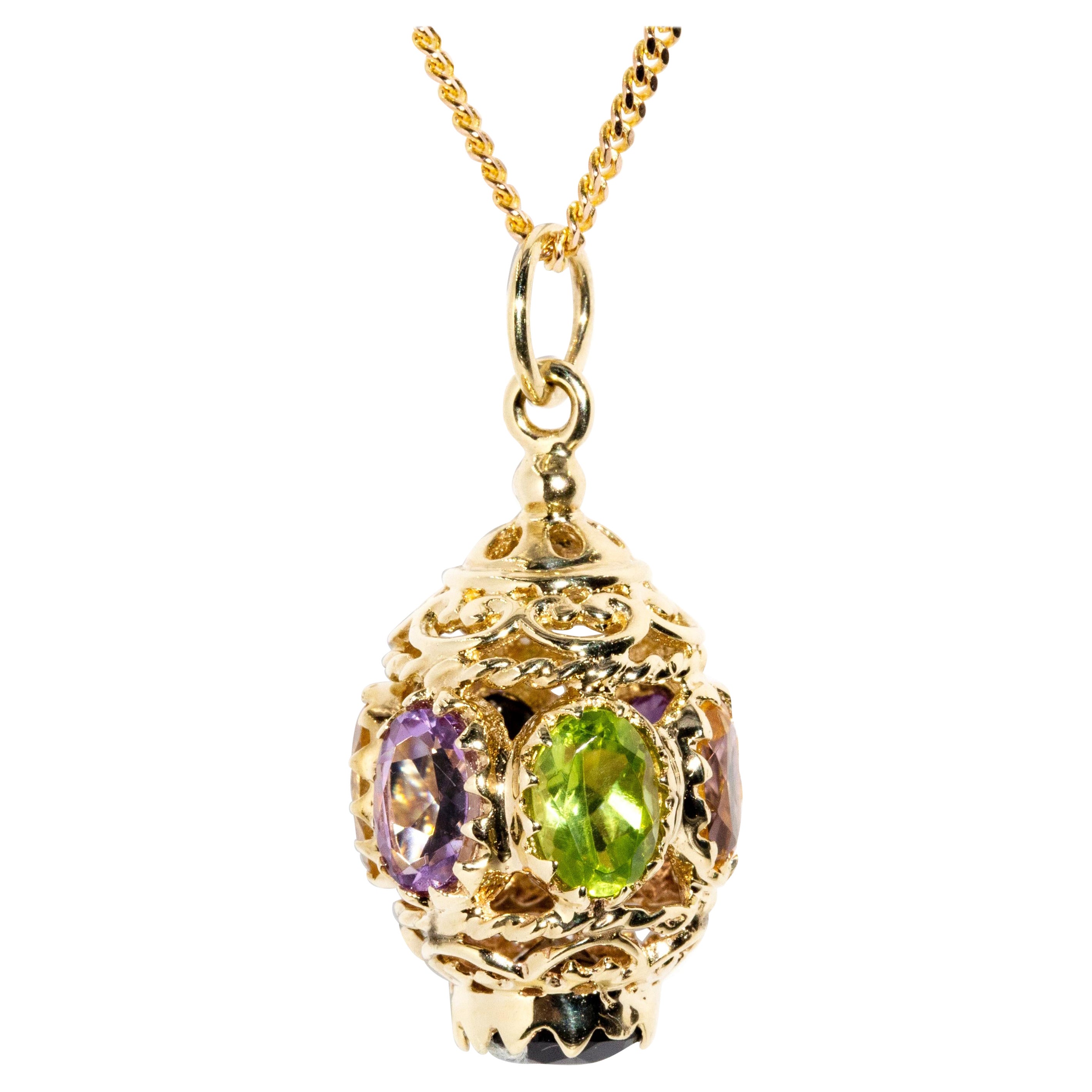 Vintage Circa 1990s Multi Gemstone 9 Carat Yellow Gold Lantern Pendant & Chain