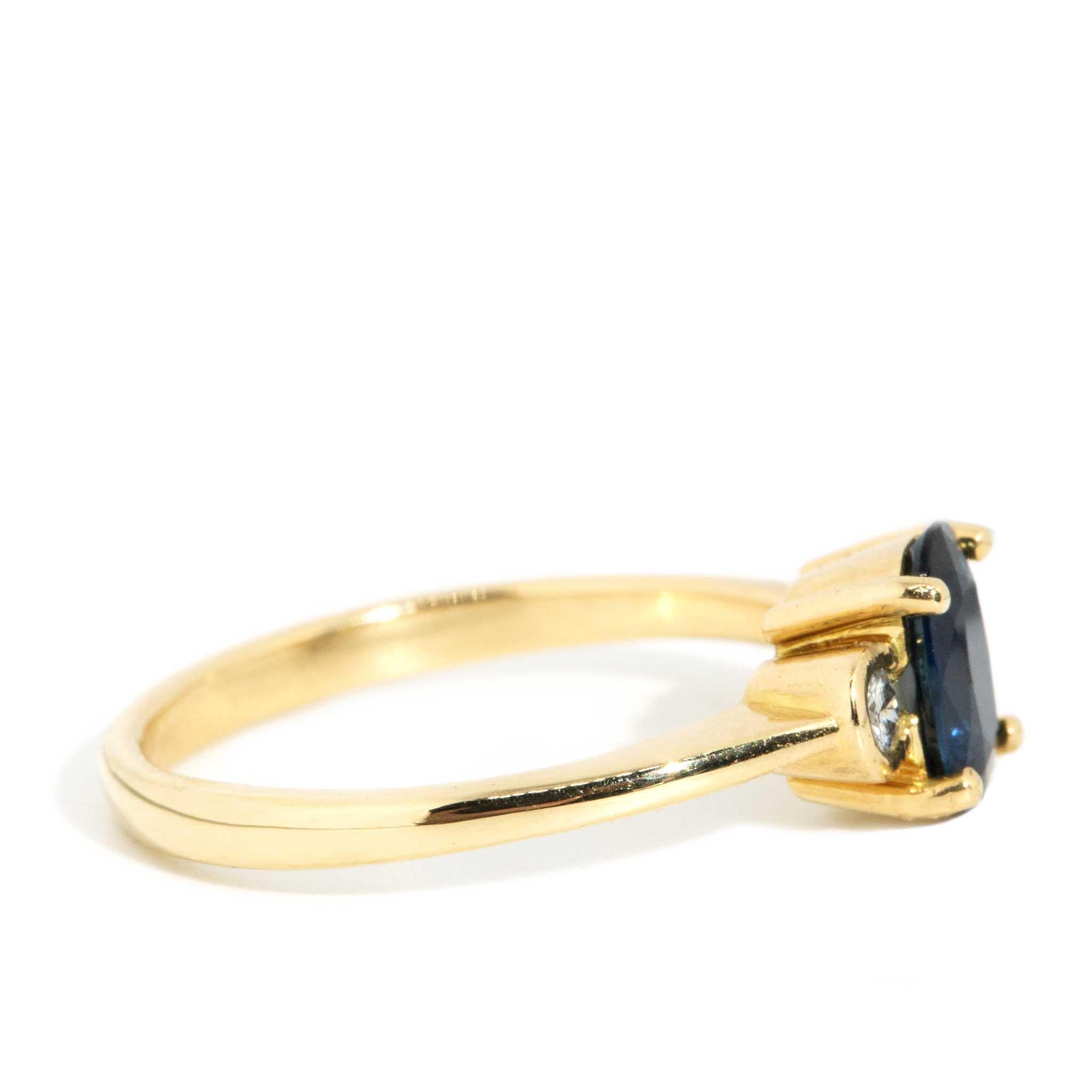 Vintage Circa 1990s Oval Deep Blue Sapphire & Diamond Ring 18 Carat Yellow Gold In Good Condition In Hamilton, AU