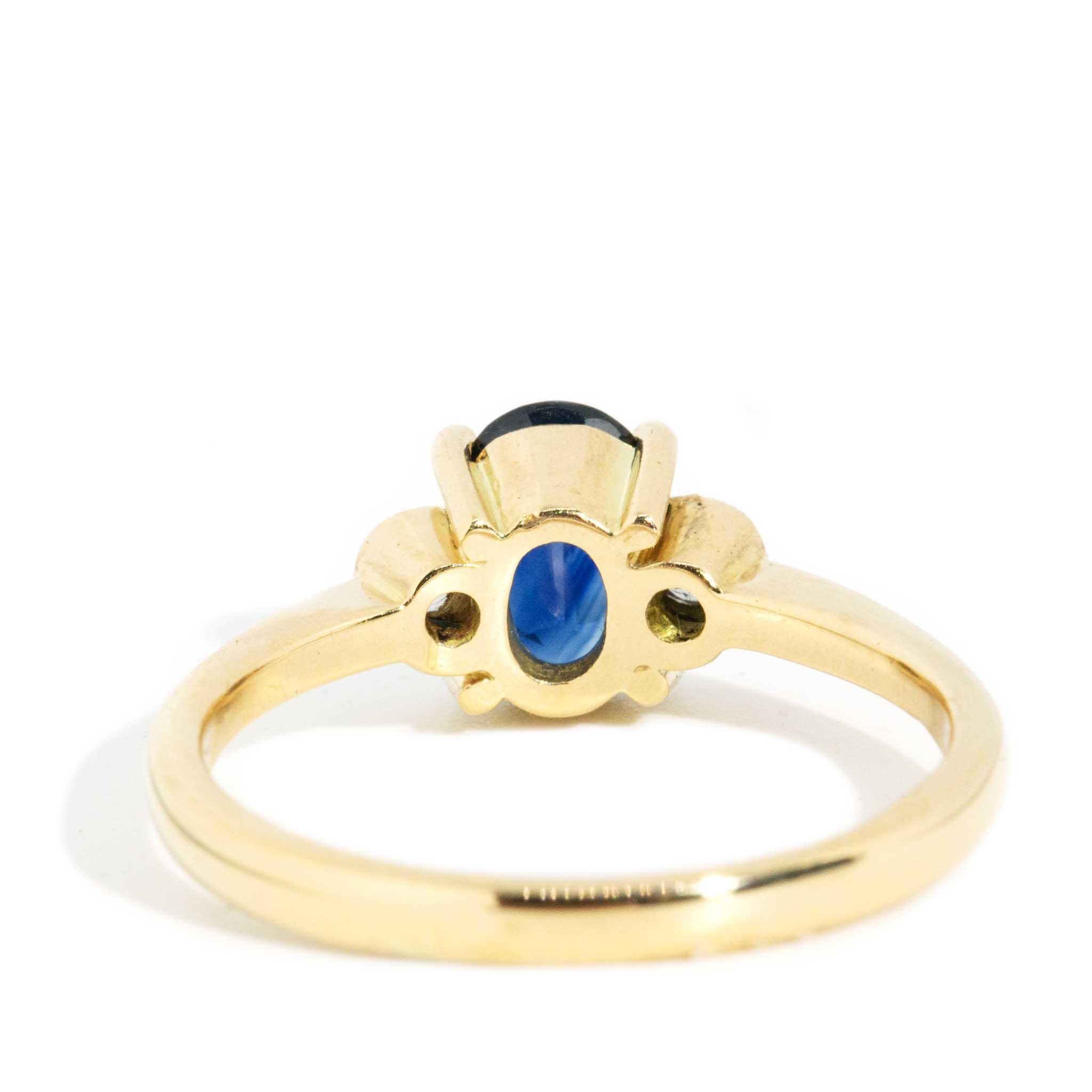 Vintage Circa 1990s Oval Deep Blue Sapphire & Diamond Ring 18 Carat Yellow Gold 1