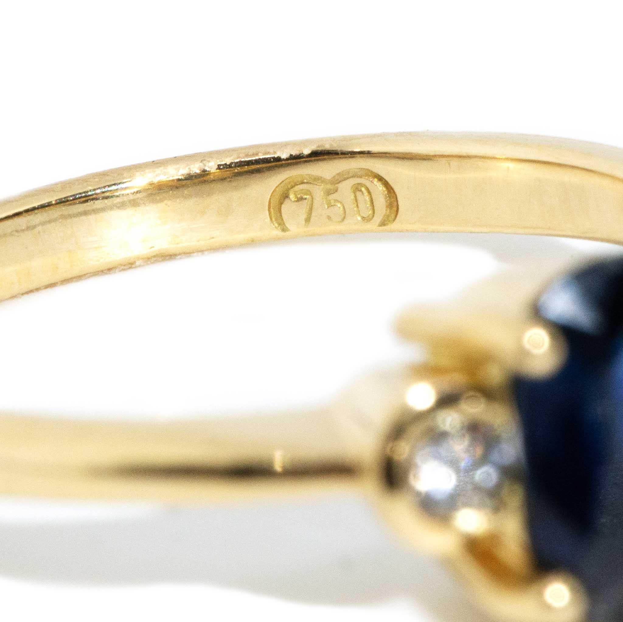Vintage Circa 1990s Oval Deep Blue Sapphire & Diamond Ring 18 Carat Yellow Gold 3