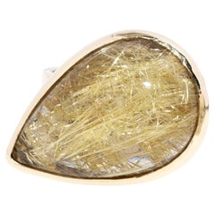 Vintage Circa 1990s Pear Shaped Rutilated Quartz Cabochon Ring 9 Carat Gold