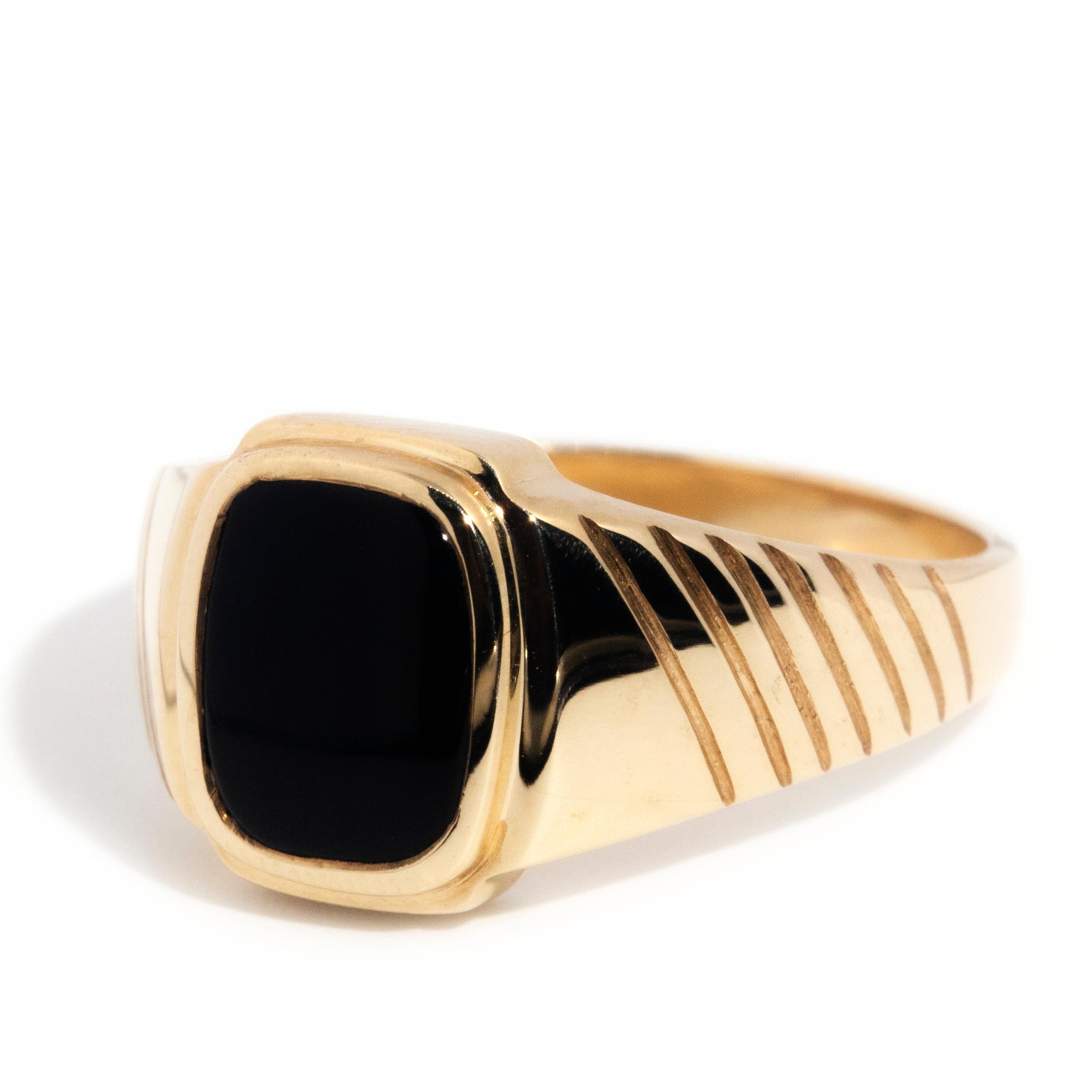 Modern Vintage circa 1990s Rectangular Black Onyx 9 Carat Yellow Gold Men's Signet Ring