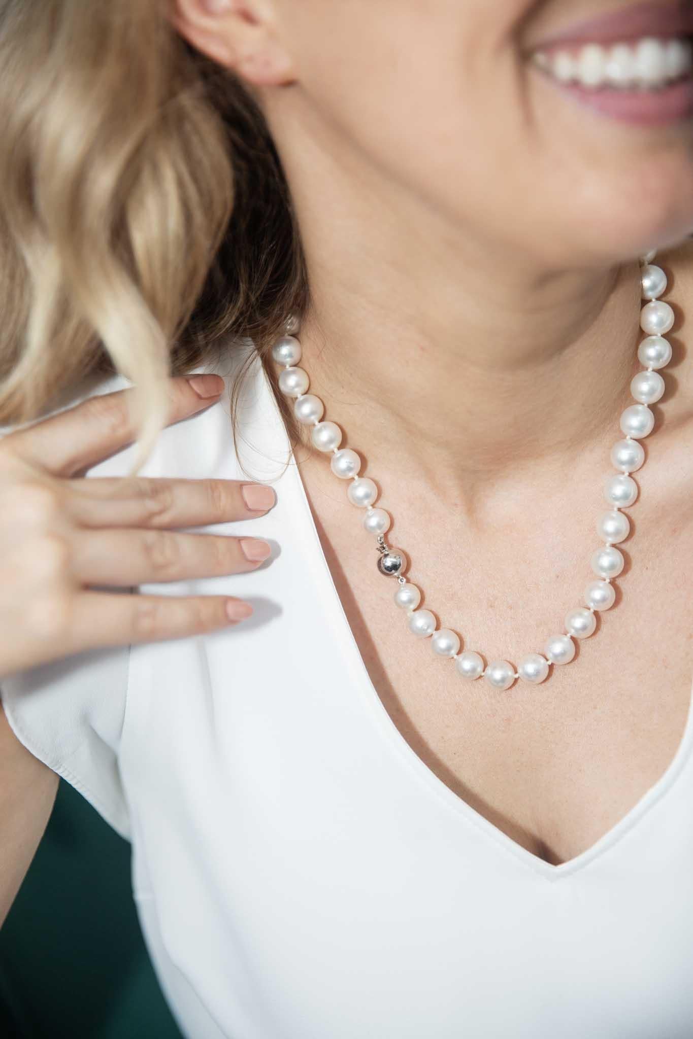 Thoughtfully strung together, this gorgeous strand of off round to slightly baroque white South Sea pearls, with a slightly bluish and pinkish overtone and high lustre, is named Chayra. Perfect for everyday wear, she is finished with a darling 18