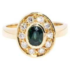 Vintage Circa 1990s Teal Sapphire & Diamond Ring 18 Carat Yellow Gold