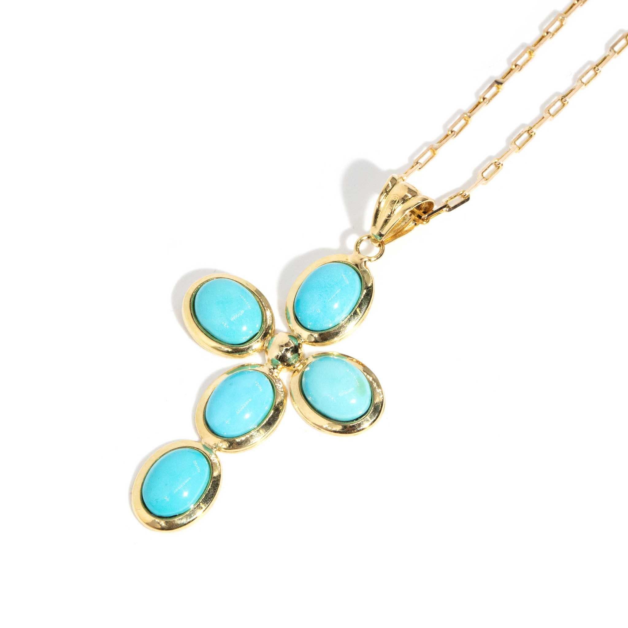 Modern Vintage Circa 1990s Turquoise Cabochon Pendant & Chain 14 Carat Yellow Gold For Sale