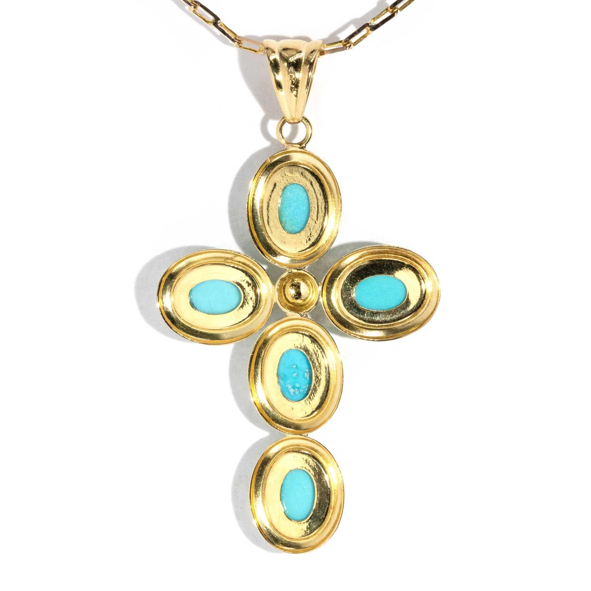 Vintage Circa 1990s Turquoise Cabochon Pendant & Chain 14 Carat Yellow Gold For Sale 1