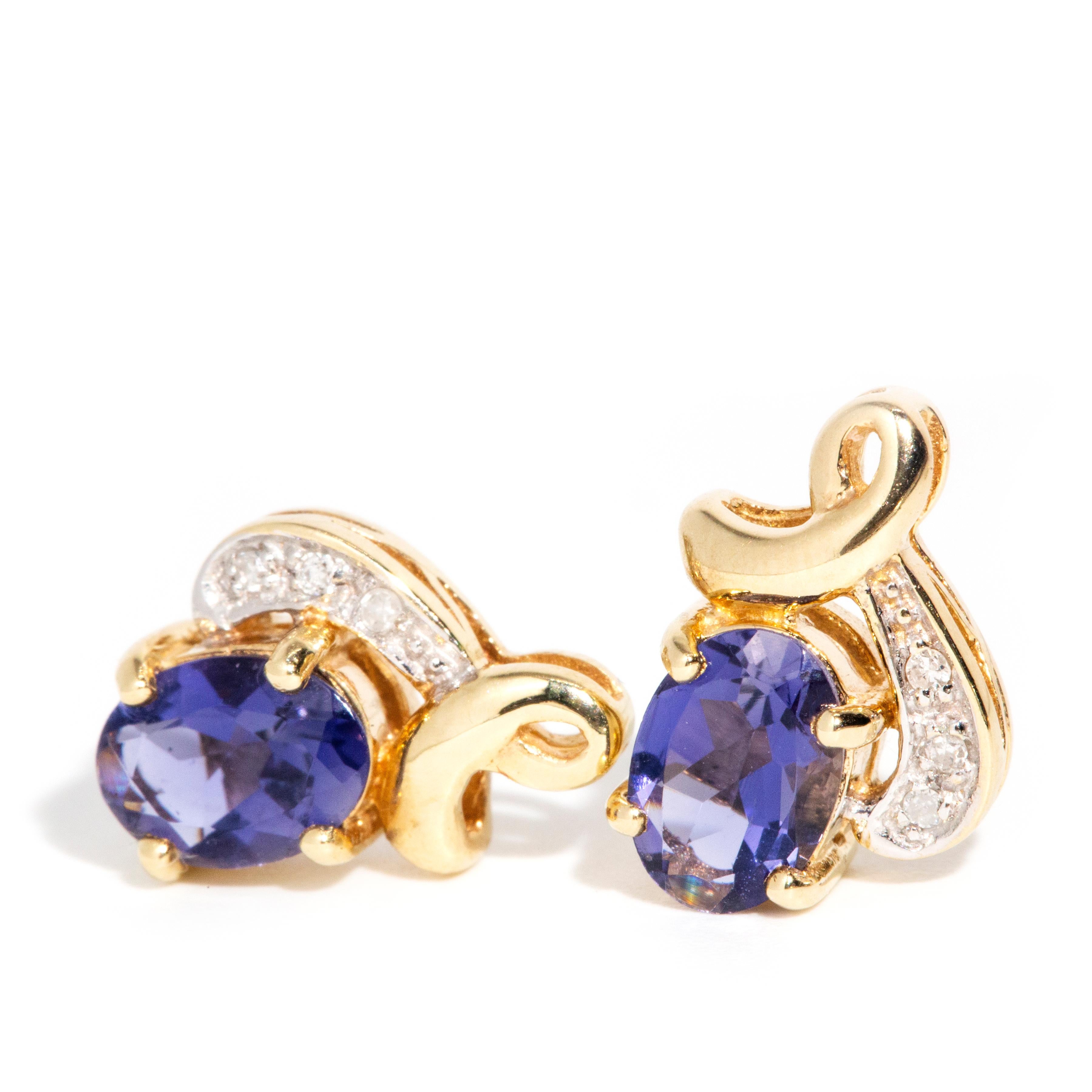 Modern Vintage circa 2000s 9 Carat Gold Blue Purple Tanzanite & Diamond Ribbon Earrings