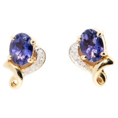 Vintage circa 2000s 9 Carat Gold Blue Purple Tanzanite & Diamond Ribbon Earrings