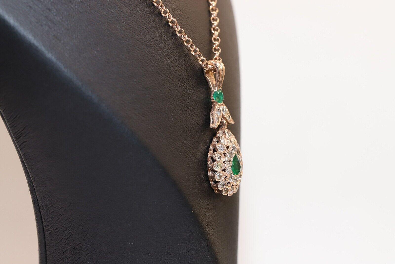 Retro Vintage Circa 8k Gold Natural Diamond And Emerald Decorated Necklace For Sale