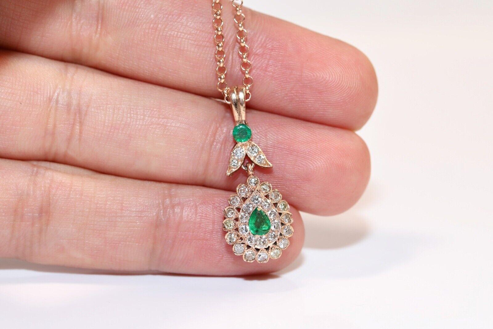 Brilliant Cut Vintage Circa 8k Gold Natural Diamond And Emerald Decorated Necklace For Sale