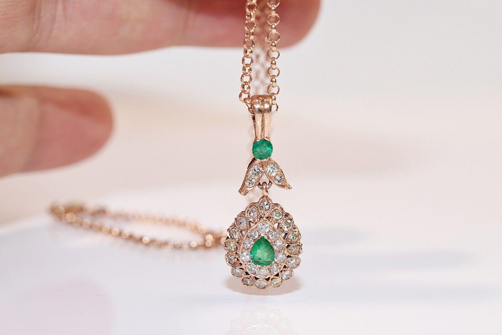 Vintage Circa 8k Gold Natural Diamond And Emerald Decorated Necklace In Good Condition For Sale In Fatih/İstanbul, 34