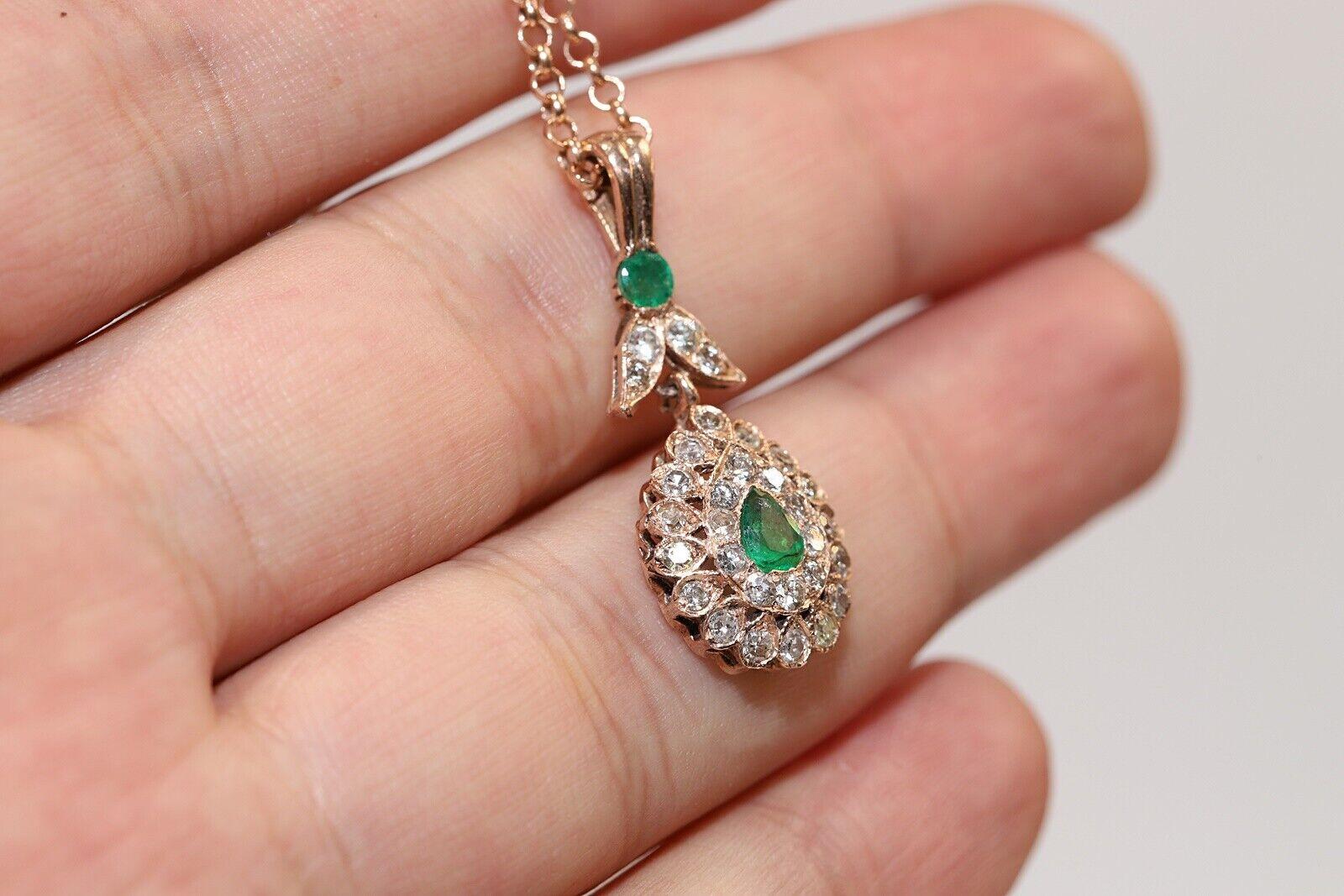 Vintage Circa 8k Gold Natural Diamond And Emerald Decorated Necklace For Sale 3