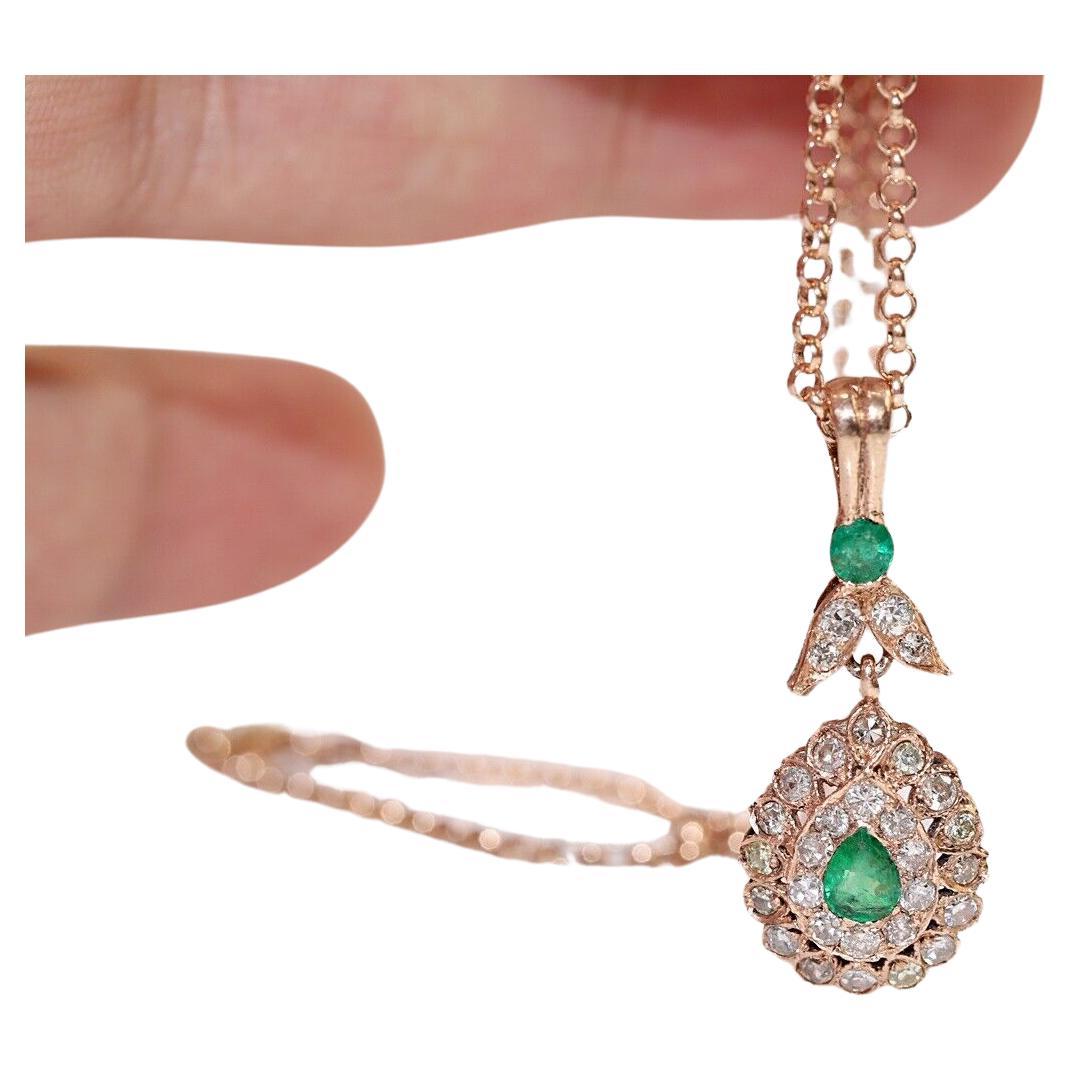Halskette, Vintage, ca. 8 Karat Gold, natürlicher Diamant und Smaragd, dekoriert