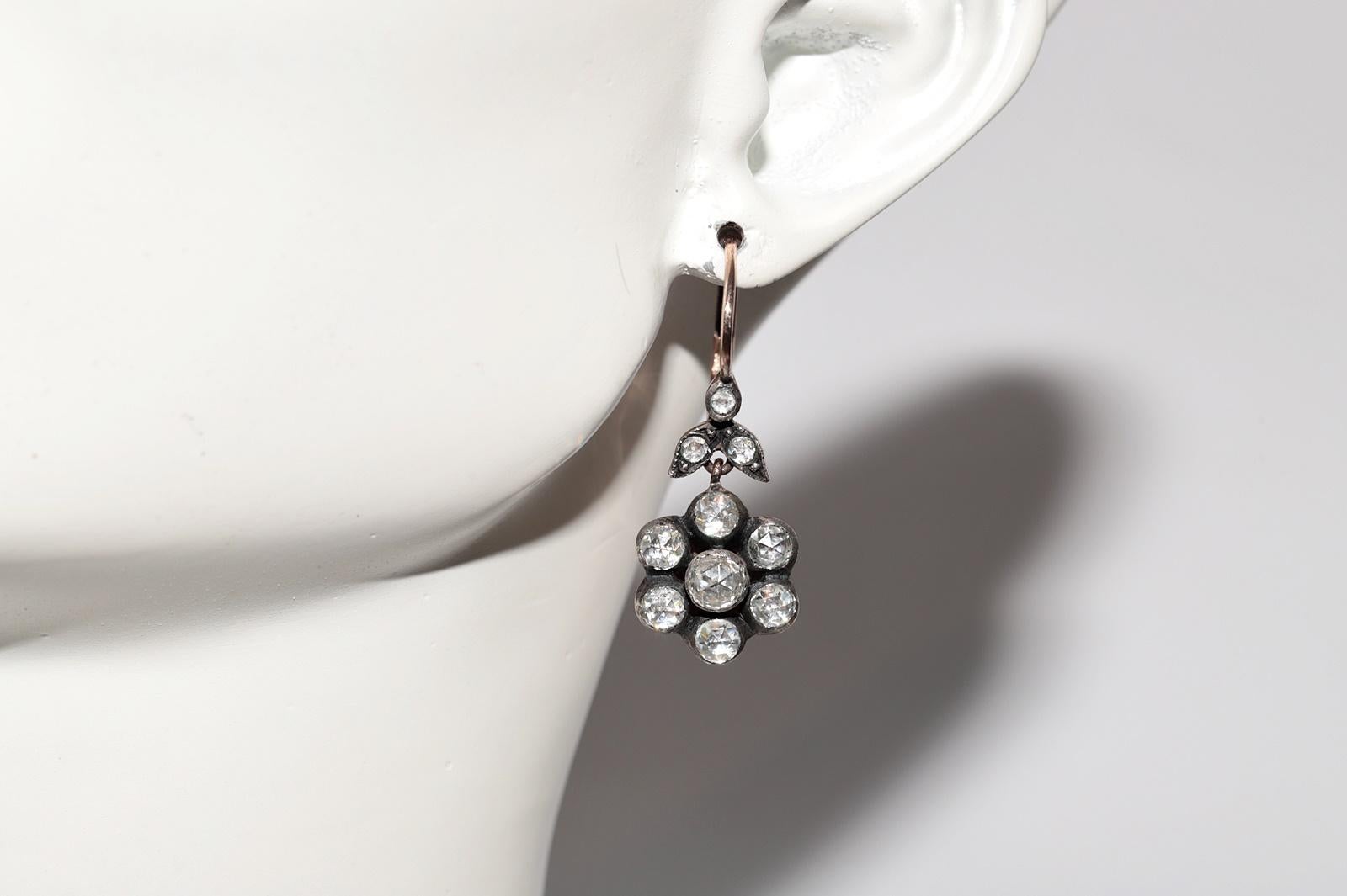 Vintage Circa 8k Gold Natural Rose Cut Diamond Drop Earring For Sale 7