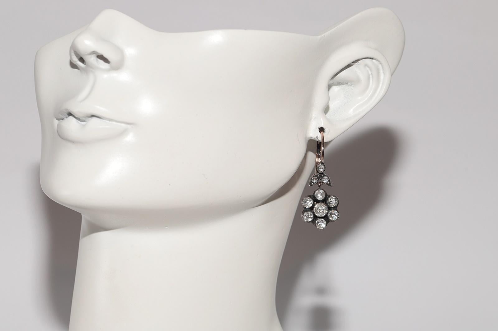 Vintage Circa 8k Gold Natural Rose Cut Diamond Drop Earring For Sale 8