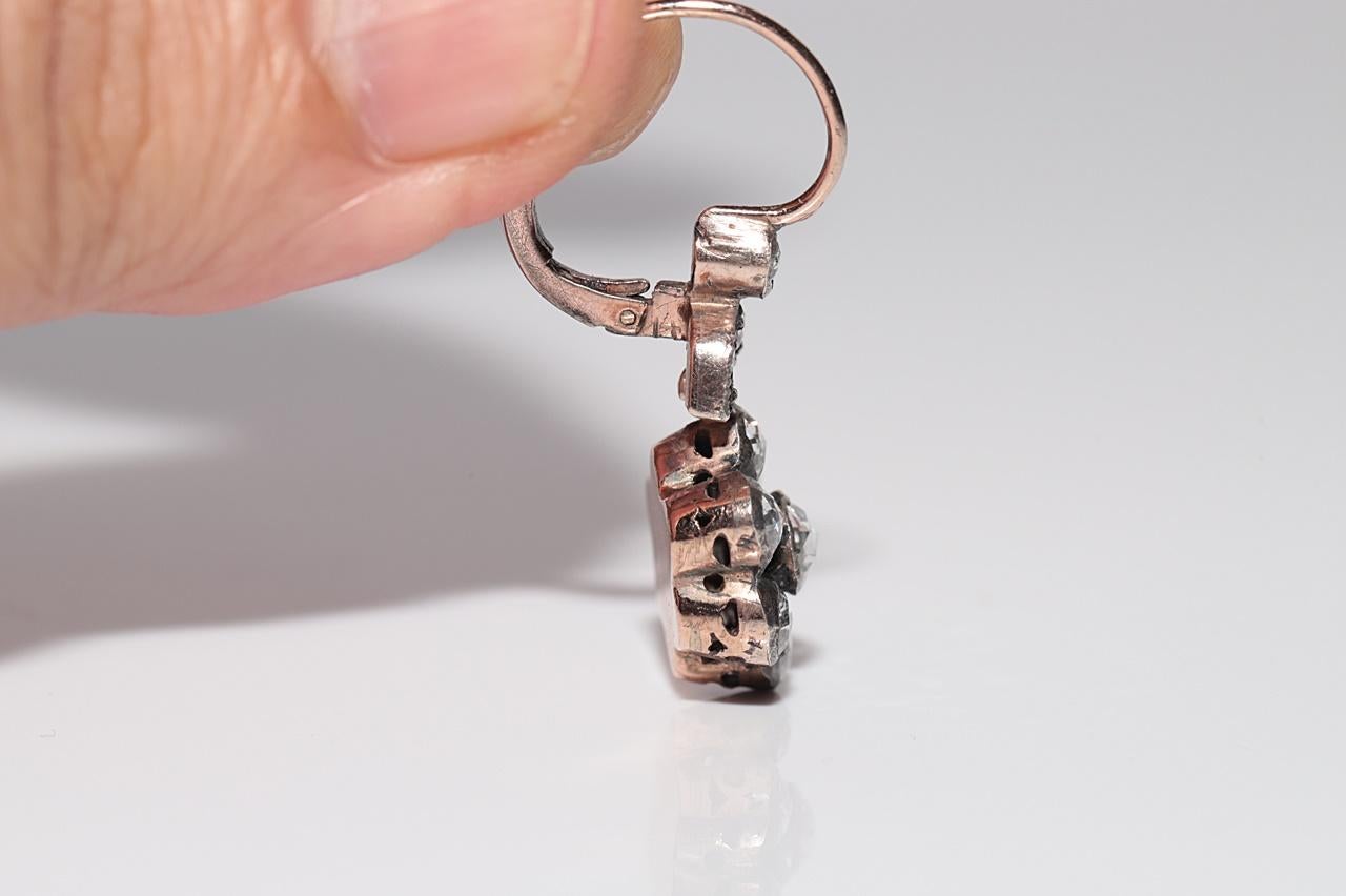 Vintage Circa 8k Gold Natürlicher Rosenschliff Diamant-Tropfen-Ohrring im Angebot 10