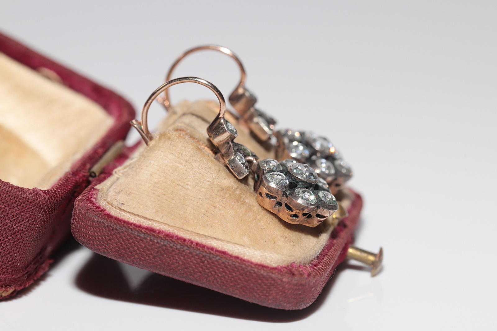 Retro Vintage Circa 8k Gold Natural Rose Cut Diamond Drop Earring For Sale