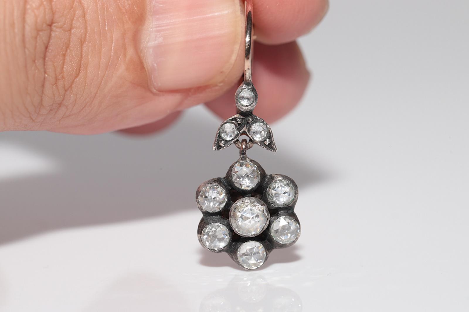 Vintage Circa 8k Gold Natural Rose Cut Diamond Drop Earring In Good Condition For Sale In Fatih/İstanbul, 34