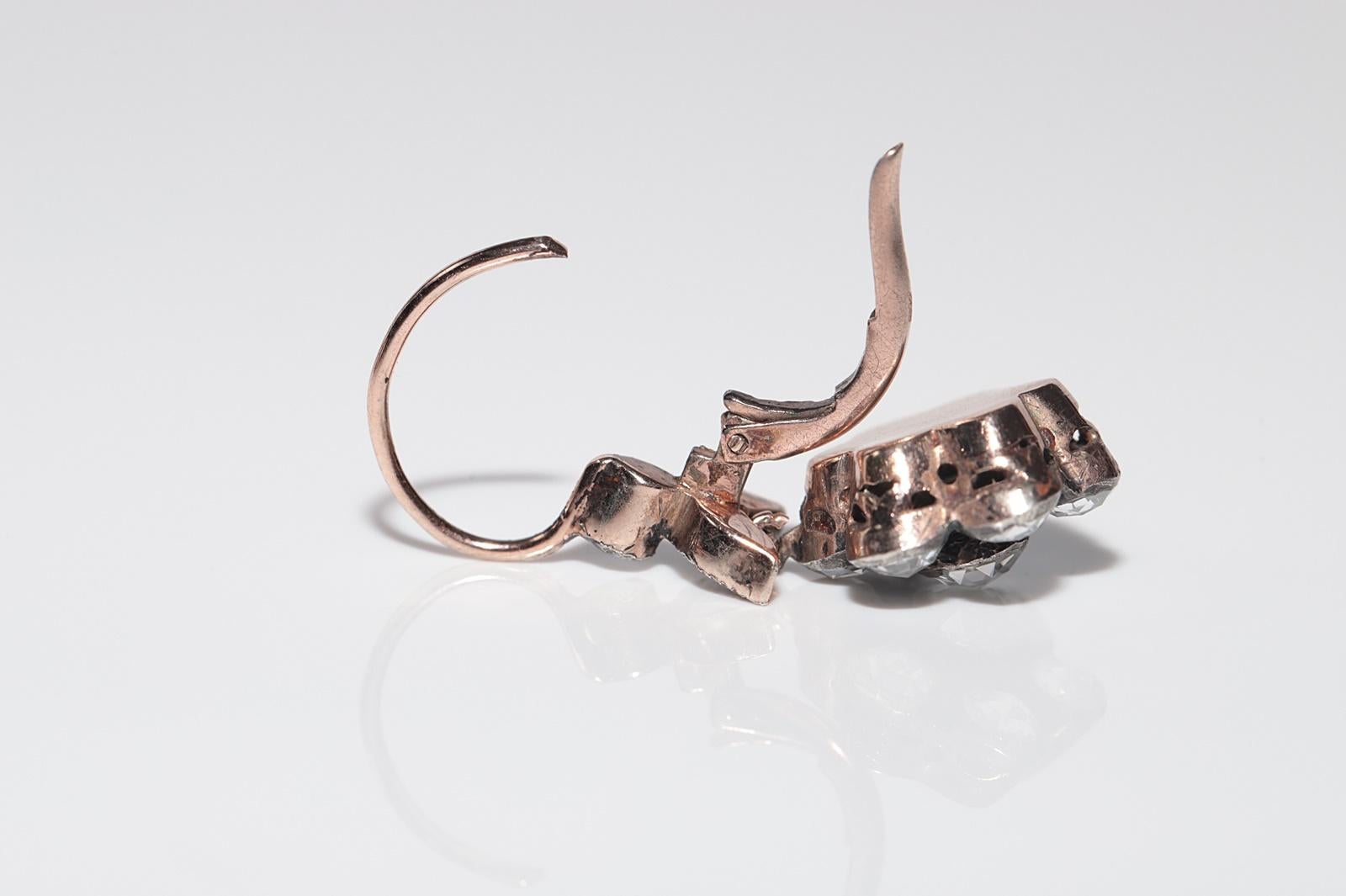 Vintage Circa 8k Gold Natürlicher Rosenschliff Diamant-Tropfen-Ohrring im Angebot 3