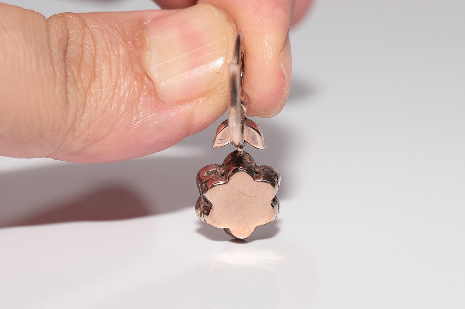 Vintage Circa 8k Gold Natural Rose Cut Diamond Drop Earring For Sale 4