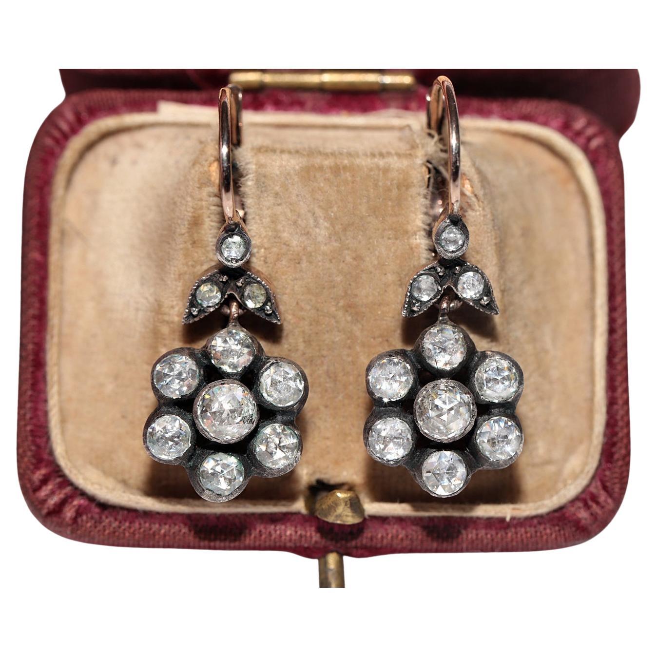 Vintage Circa 8k Gold Natürlicher Rosenschliff Diamant-Tropfen-Ohrring