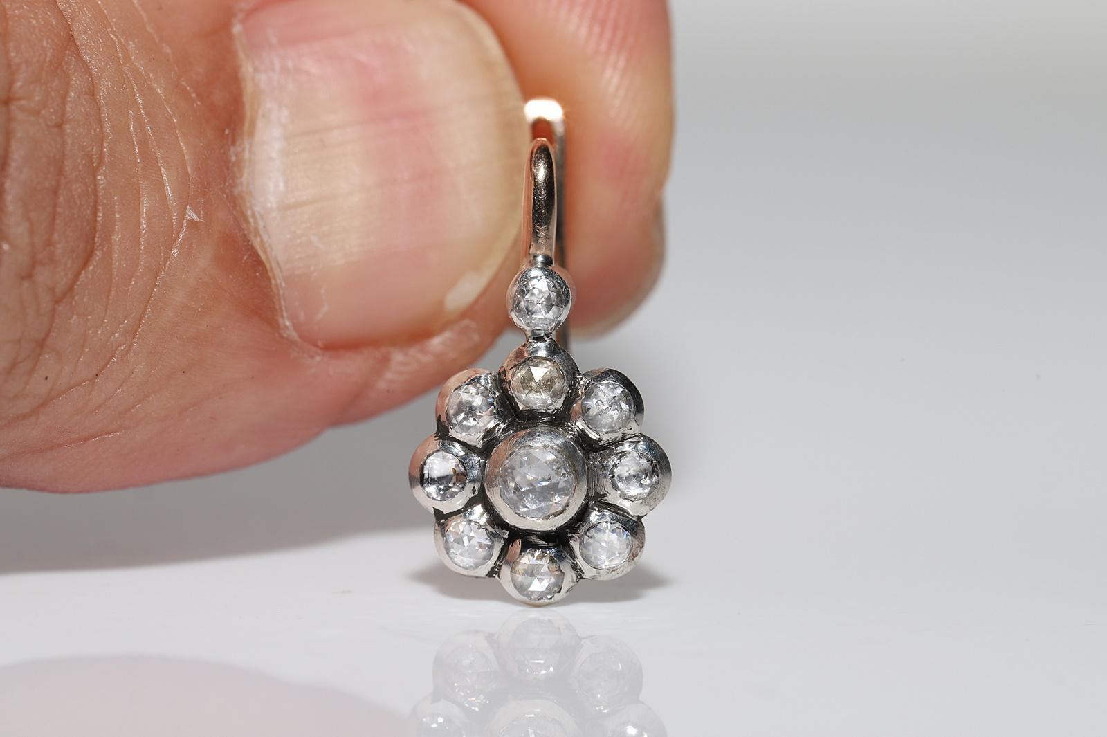 Vintage By  8k Gold Top Silber Natürlicher Rosenschliff Diamant Dekorierter Ohrring im Angebot 5