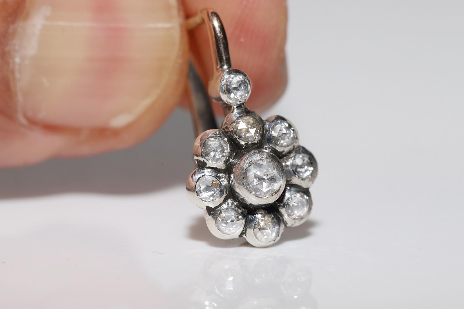 Vintage By  8k Gold Top Silber Natürlicher Rosenschliff Diamant Dekorierter Ohrring im Angebot 8