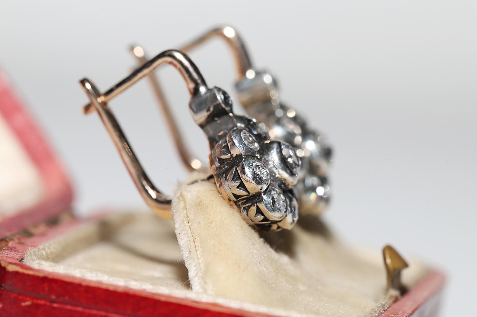 Vintage By  8k Gold Top Silber Natürlicher Rosenschliff Diamant Dekorierter Ohrring (Retro) im Angebot