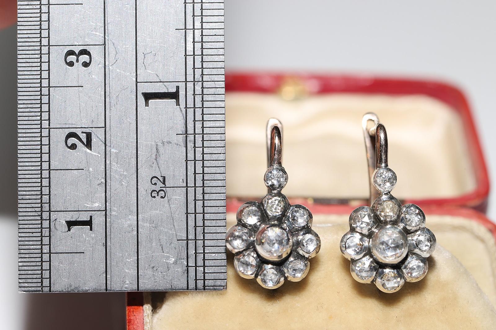 Vintage  8k Gold Top Silver Natural Rose Cut Diamond Decorated Earring In Good Condition For Sale In Fatih/İstanbul, 34