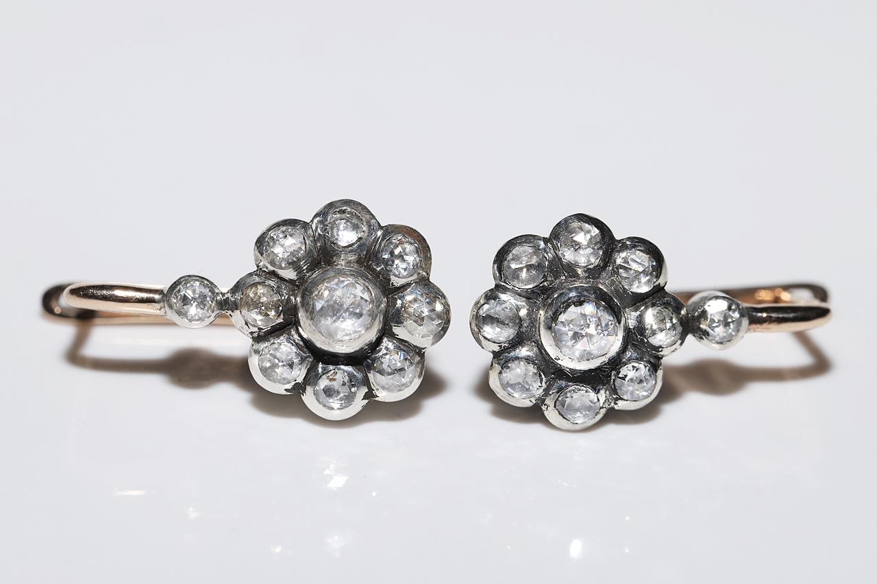 Vintage By  8k Gold Top Silber Natürlicher Rosenschliff Diamant Dekorierter Ohrring Damen im Angebot