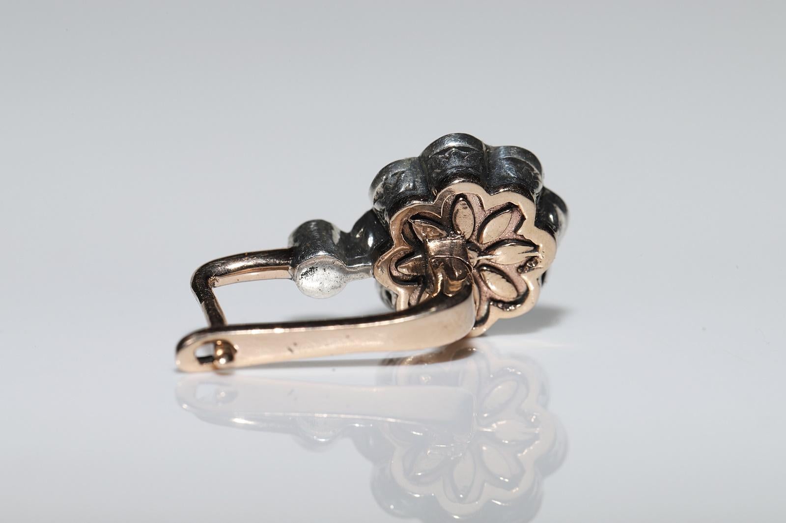 Vintage By  8k Gold Top Silber Natürlicher Rosenschliff Diamant Dekorierter Ohrring im Angebot 2