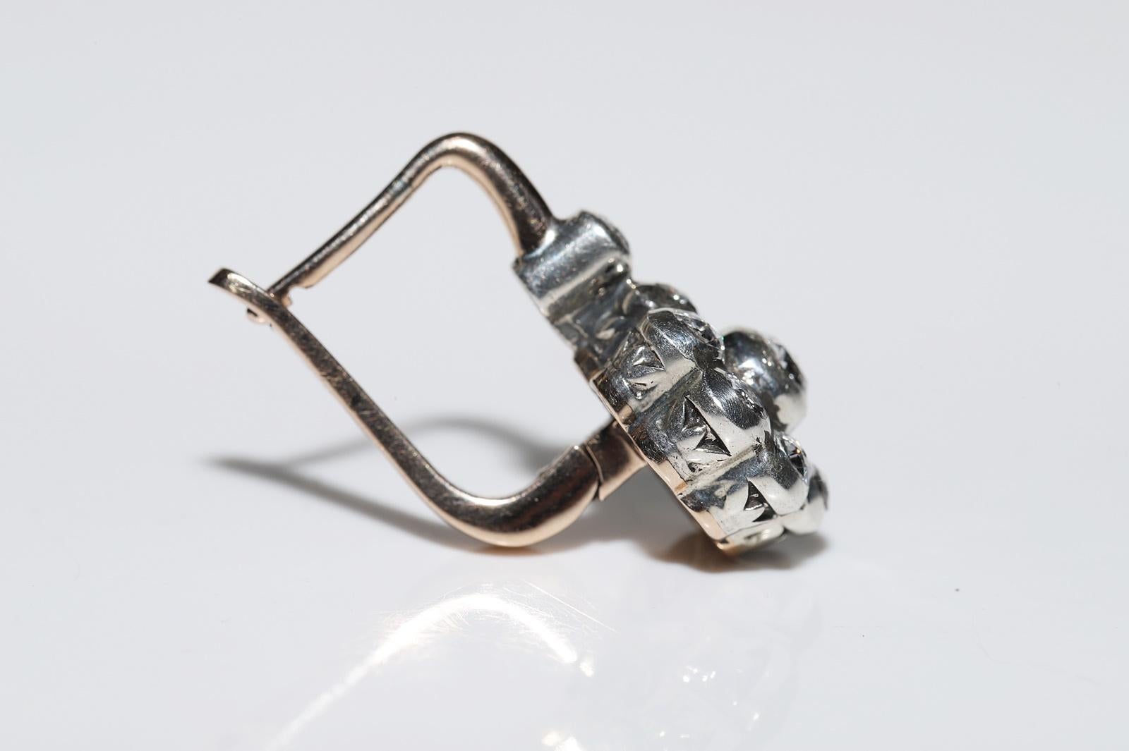 Vintage By  8k Gold Top Silber Natürlicher Rosenschliff Diamant Dekorierter Ohrring im Angebot 3