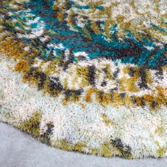 Vintage Circular beige, brown and turquoise Wool Rya Rug