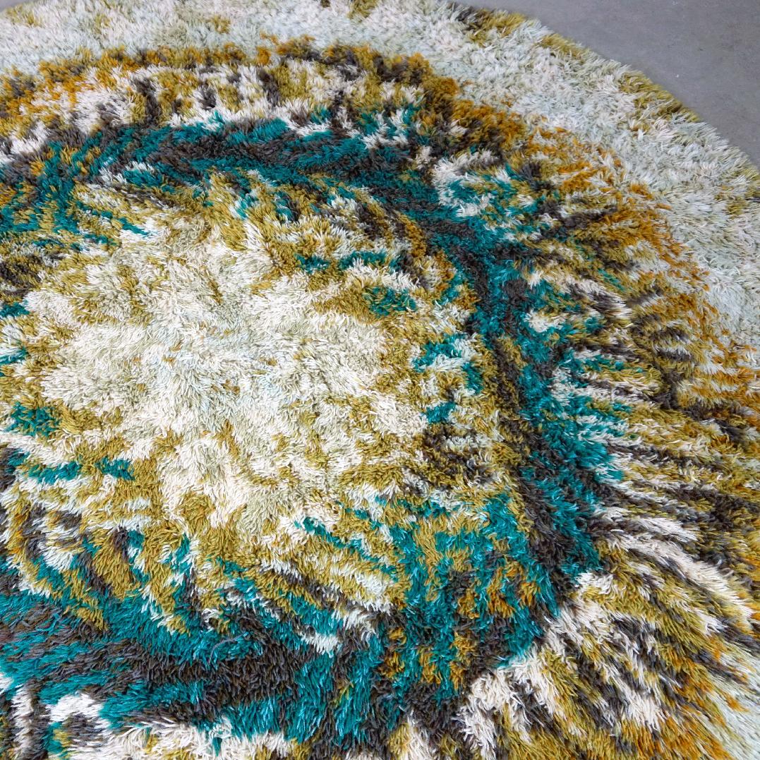 Vintage Circular beige, brown and turquoise Wool Rya Rug For Sale 1