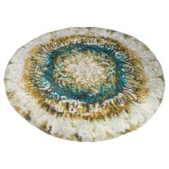 Vintage Circular beige, brown and turquoise Wool Rya Rug
