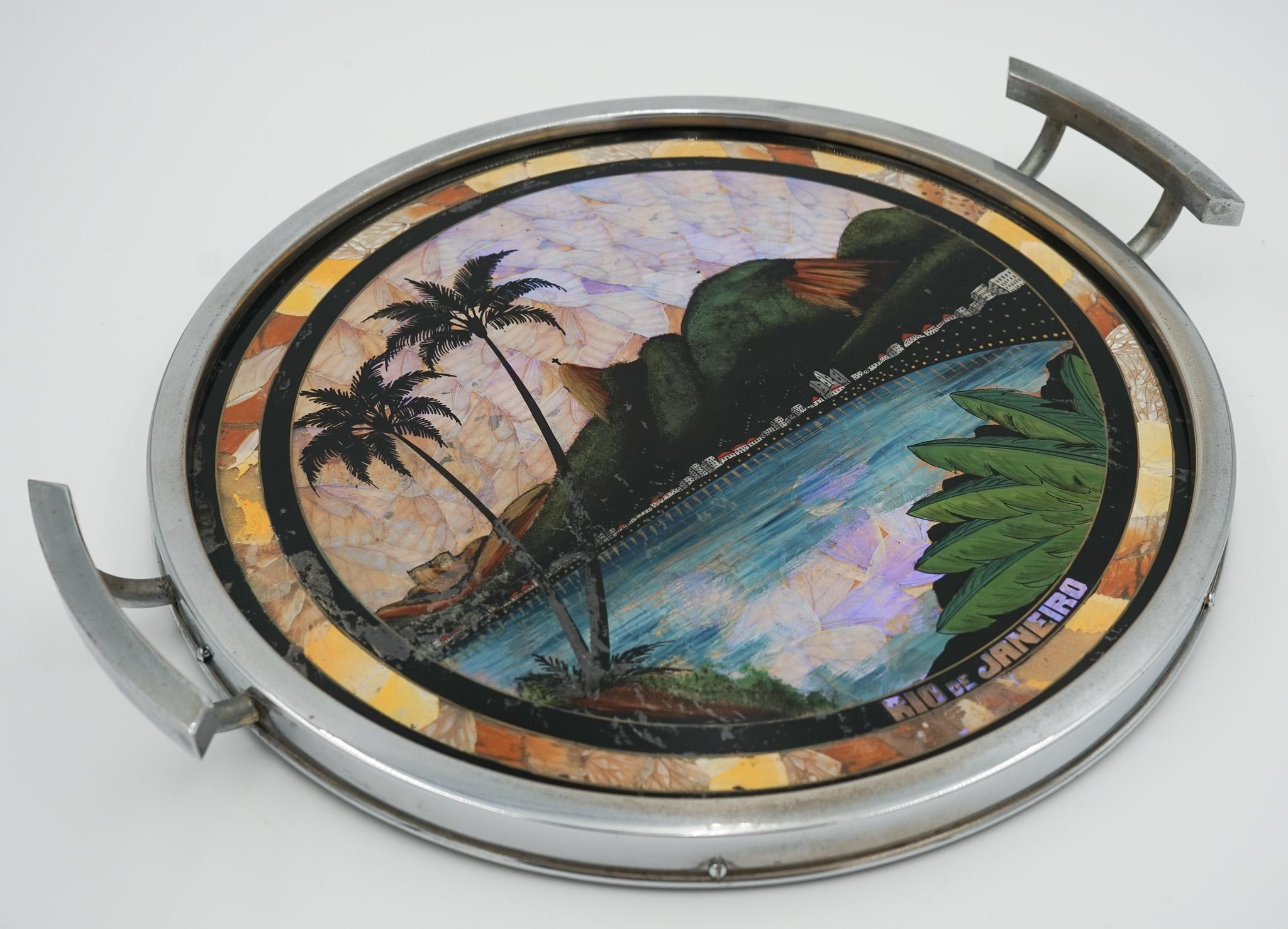VINTAGE CIRCULAR BRAZILIAN RIO DE JANEIRO METAL TRAY REAL MORPHO BUTTERFLY WiNGS en venta 3