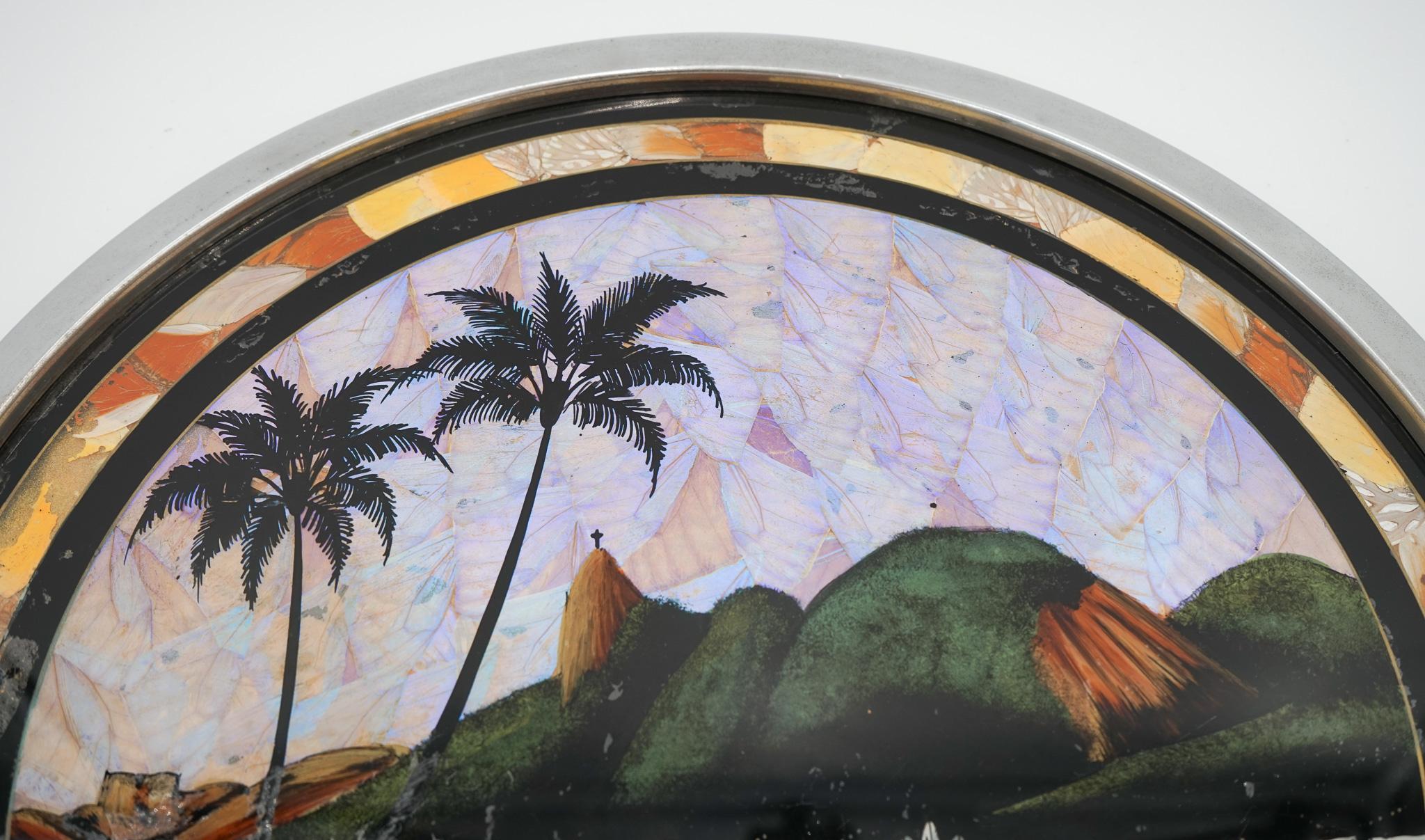 VINTAGE CIRCULAR BRAZILIAN RIO DE JANEIRO METAL TRAY REAL MORPHO BUTTERFLY WiNGS Brasileño en venta