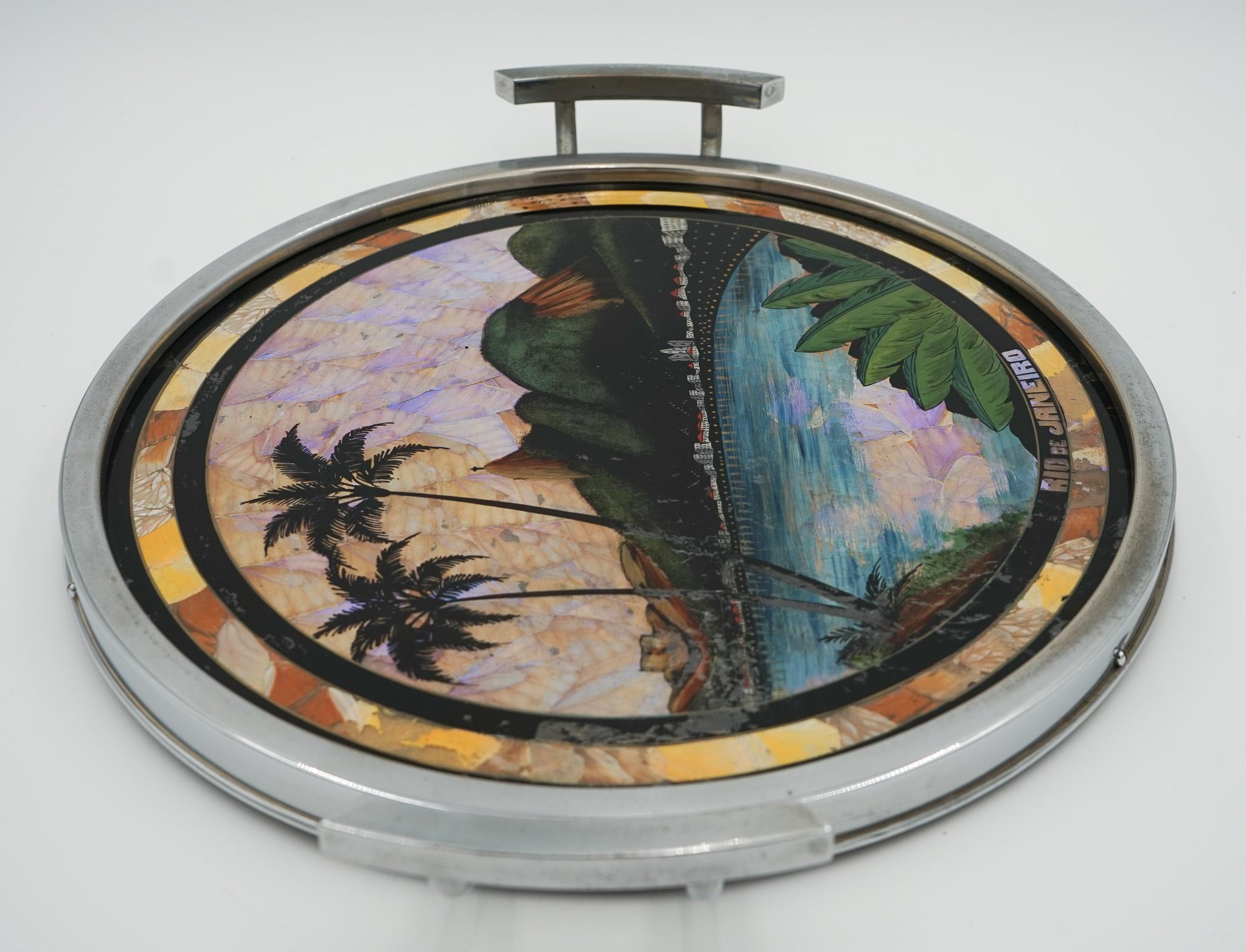 VINTAGE CIRCULAR BRAZILIAN RIO DE JANEIRO METAL TRAY REAL MORPHO BUTTERFLY WiNGS siglo XX en venta