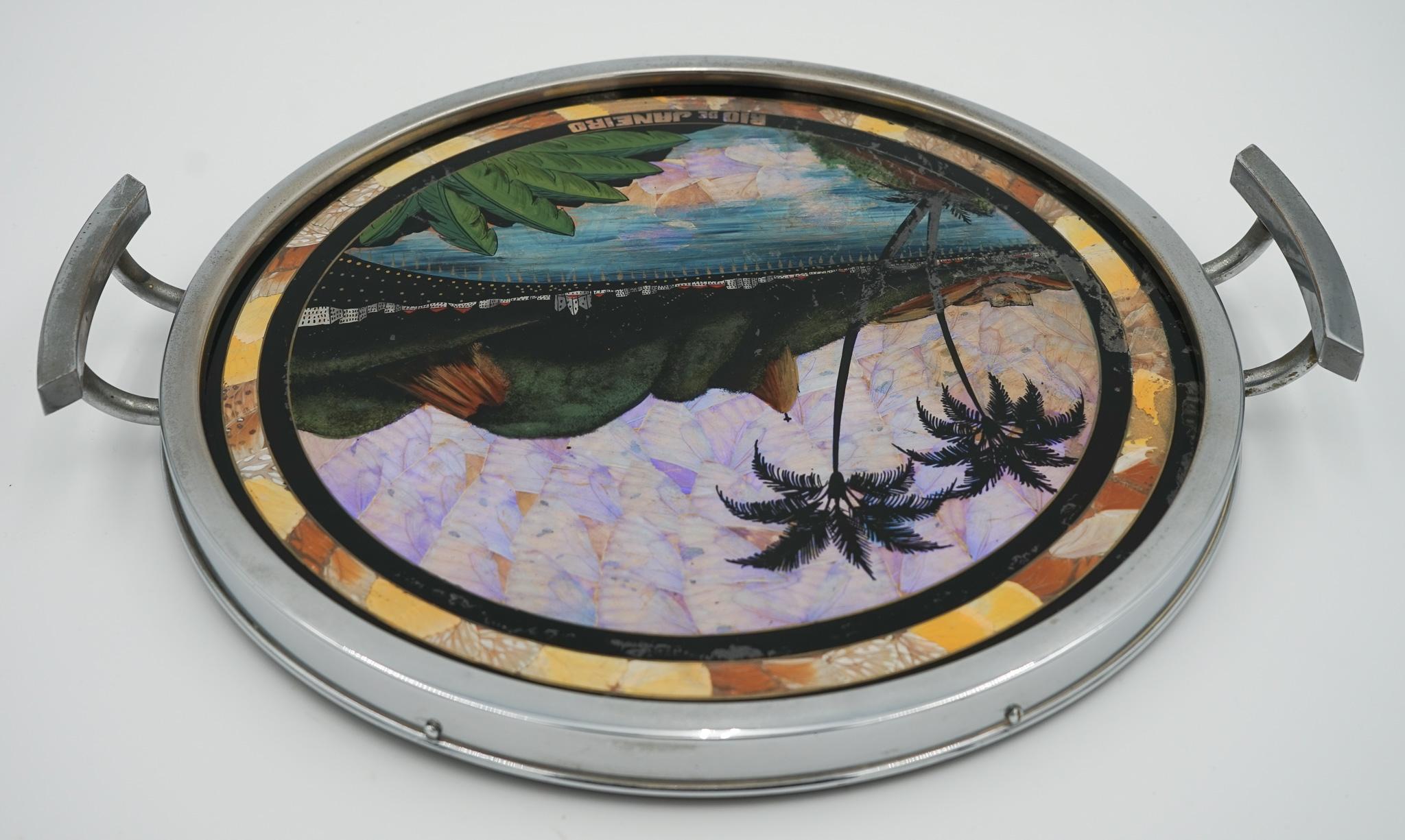 VINTAGE CIRCULAR BRAZILIAN RIO DE JANEIRO METAL TRAY REAL MORPHO BUTTERFLY WiNGS Madera dura en venta