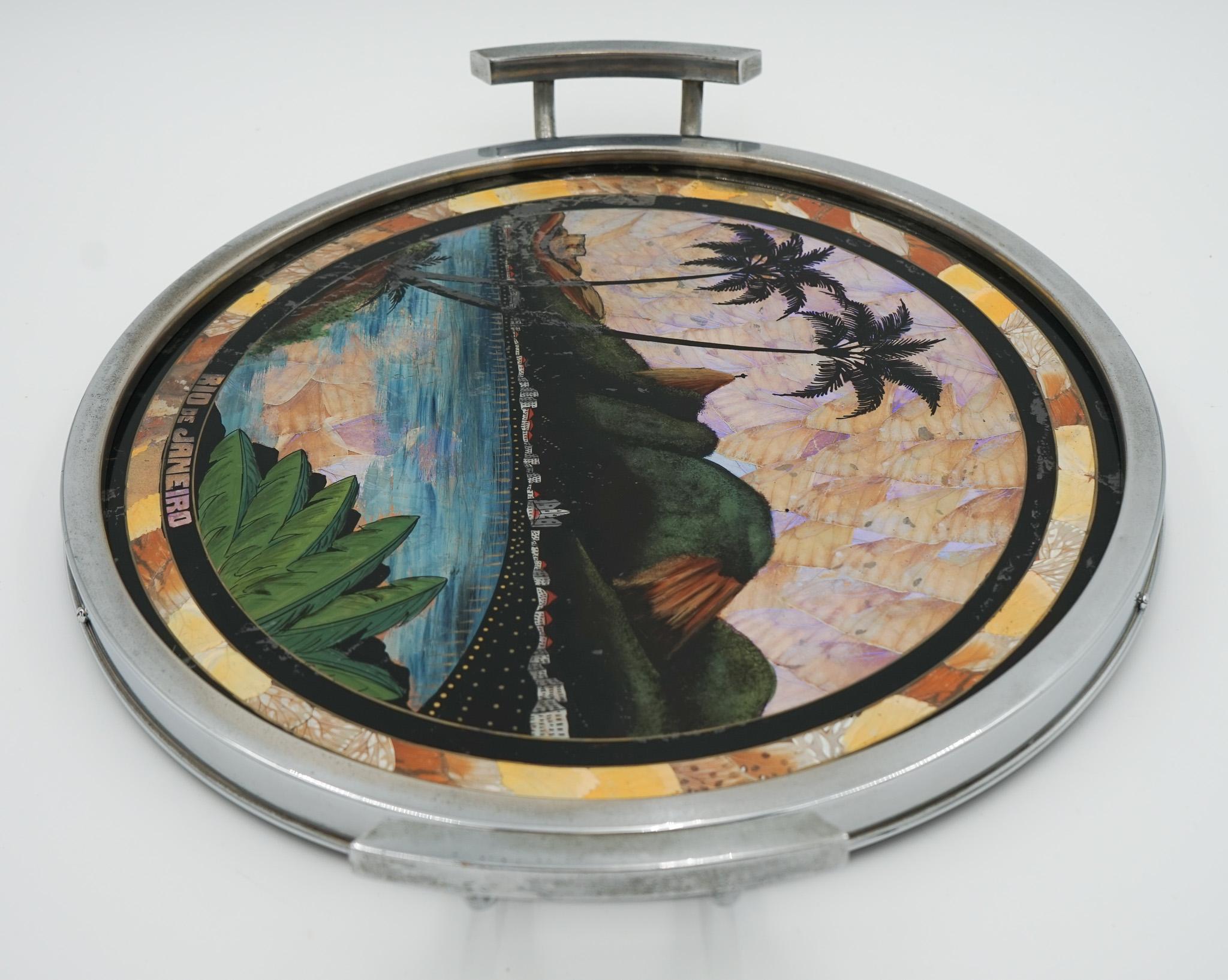 VINTAGE CIRCULAR BRAZILIAN RIO DE JANEIRO METAL TRAY REAL MORPHO BUTTERFLY WiNGS en venta 1