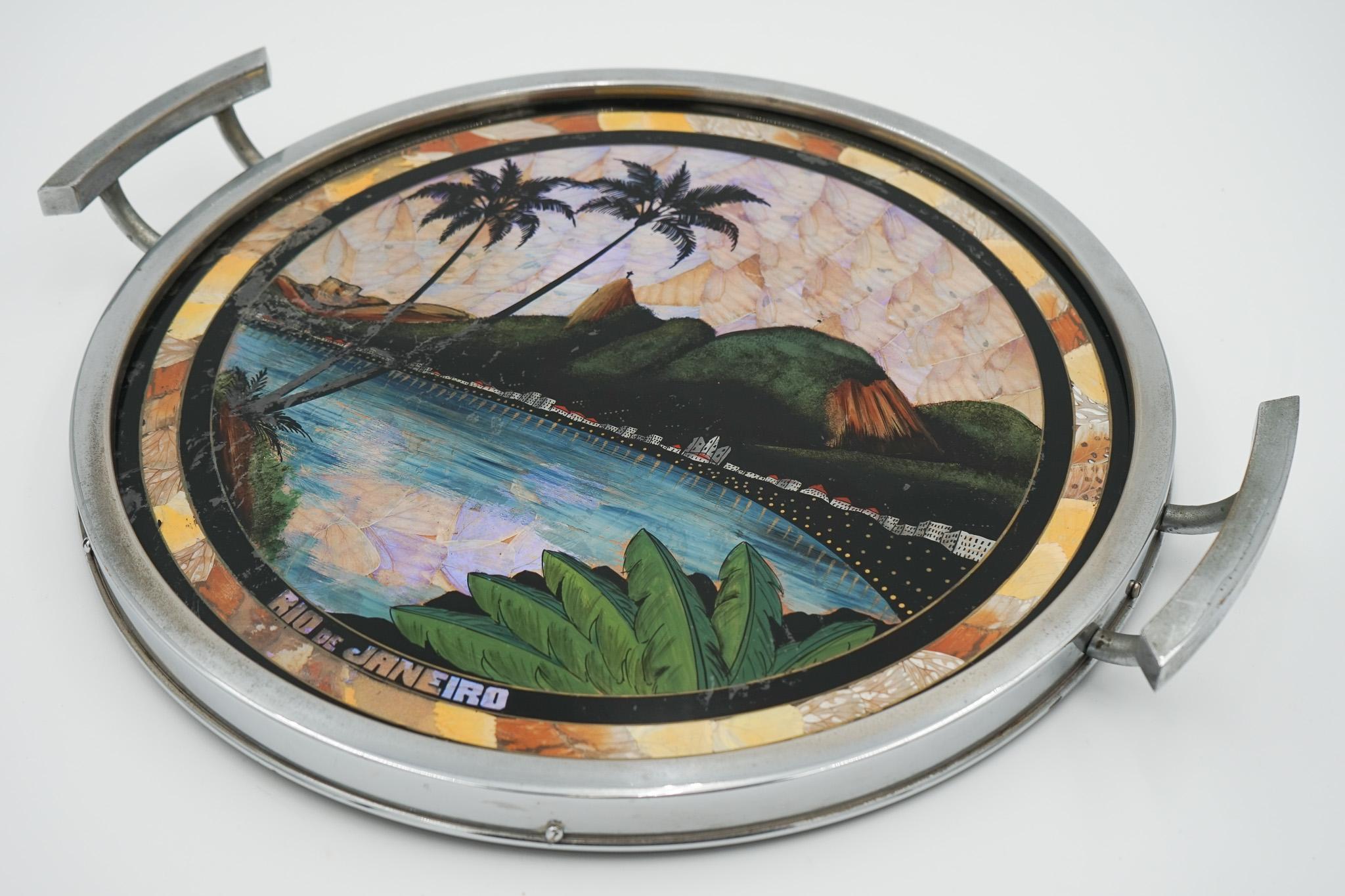 VINTAGE CIRCULAR BRAZILIAN RIO DE JANEIRO METAL TRAY REAL MORPHO BUTTERFLY WiNGS en venta 2