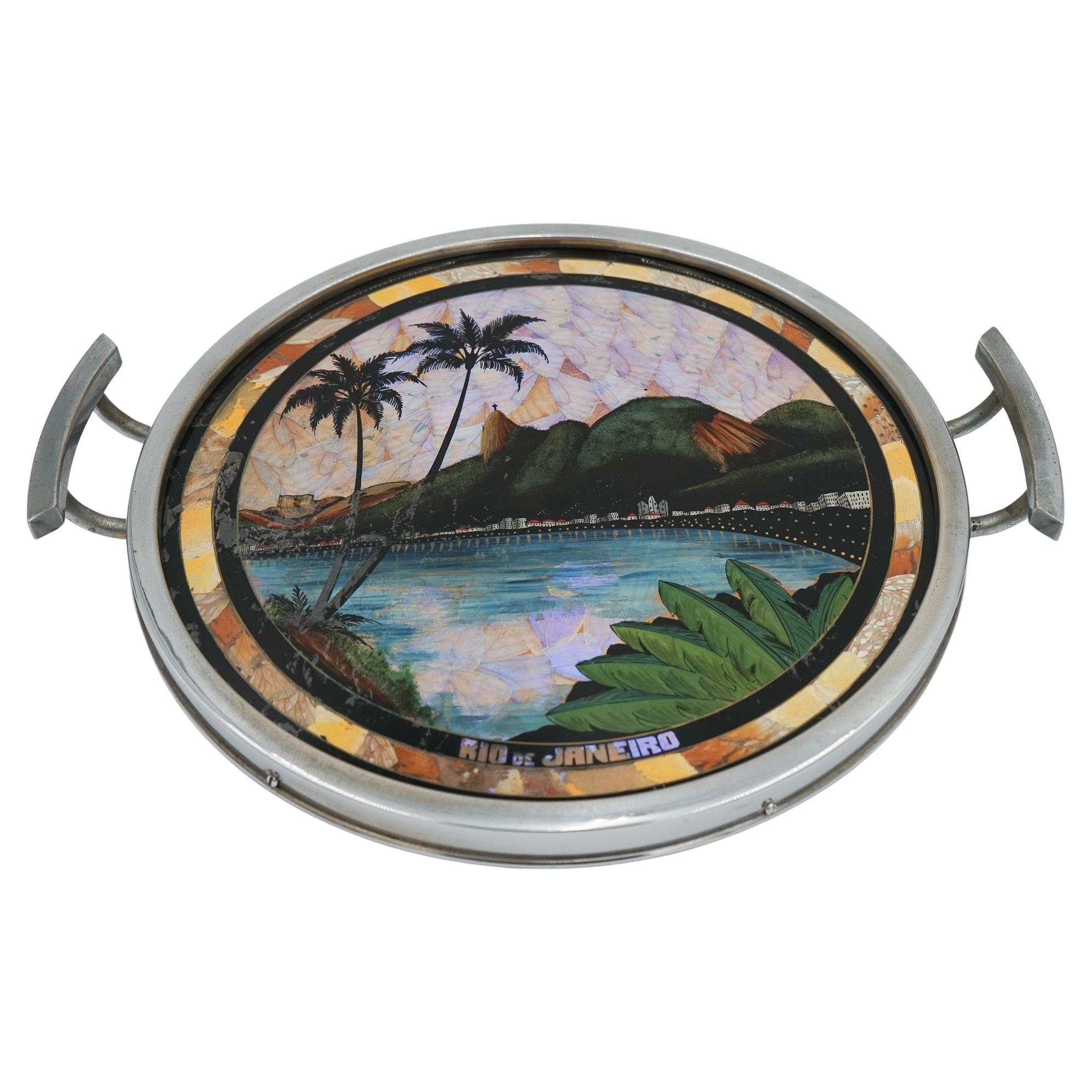 VINTAGE CIRCULAR BRAZILIAN RIO DE JANEIRO METAL TRAY REAL MORPHO BUTTERFLY WiNGS en venta