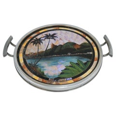 VINTAGE CIRCULAR BRAZILIAN RIO DE JANEIRO METAL TRAY REAL MORPHO BUTTERFLY WiNGS
