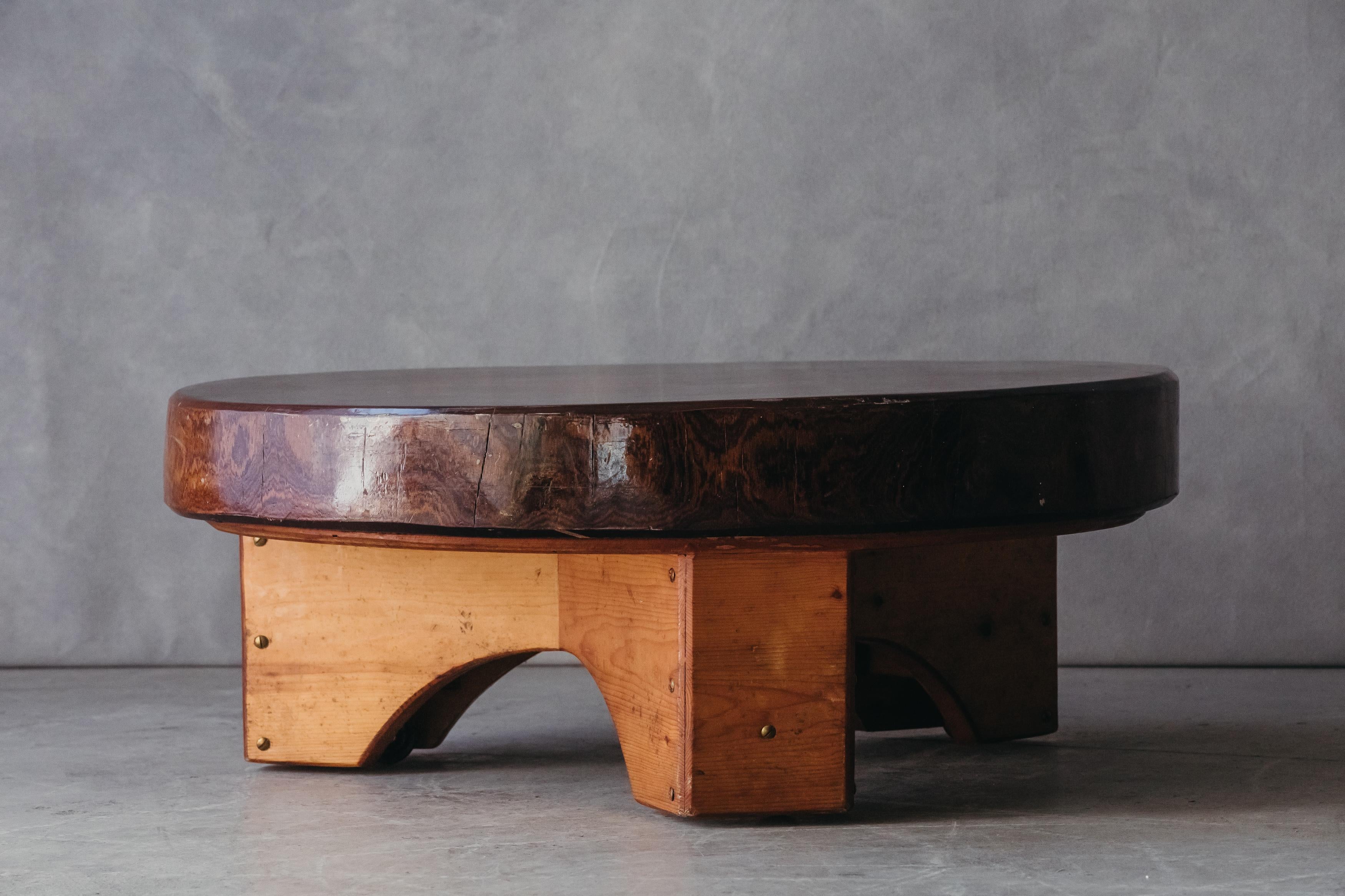 Vintage Circular coffee table from France, circa 1960. On casters. 

We don't have the time to write an extensive description on each of our pieces. We prefer to speak directly with our clients. So, If you have any questions or would like to know