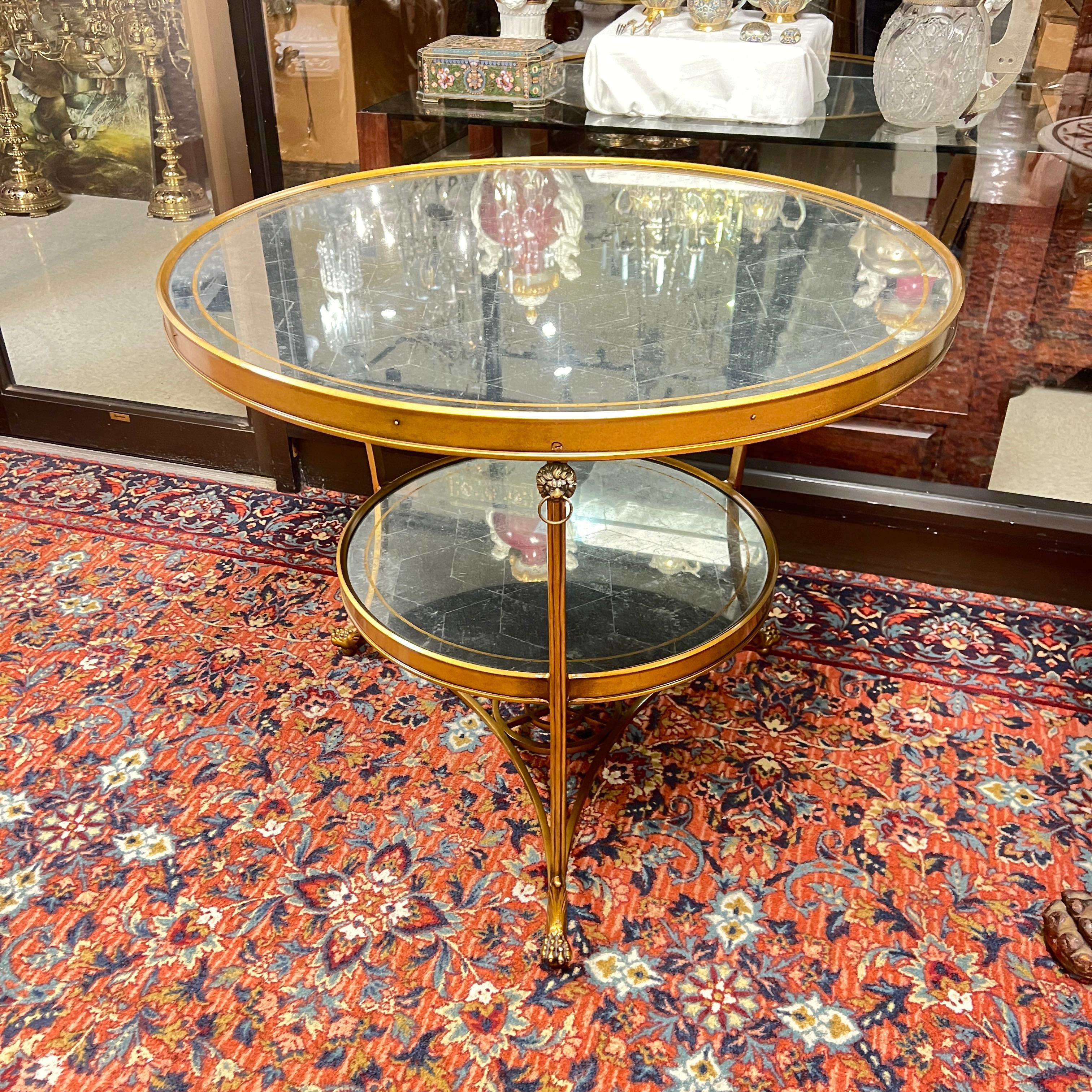 Mid-Century Modern Vintage Circular Gilt Bronze Center Table with Etched Mirrored Glass Top