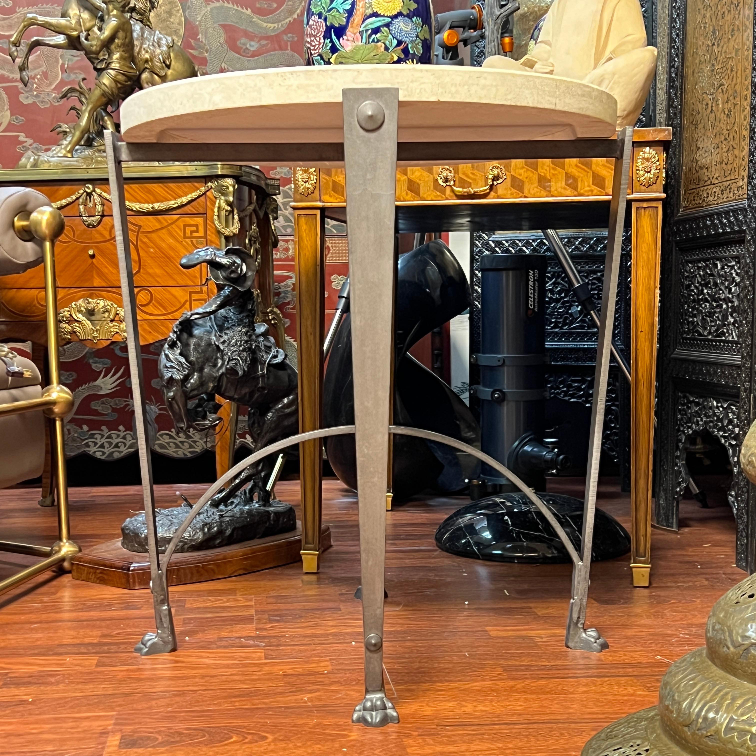 Vintage Circular Iron Side Table with Travertine Stone Top For Sale 4