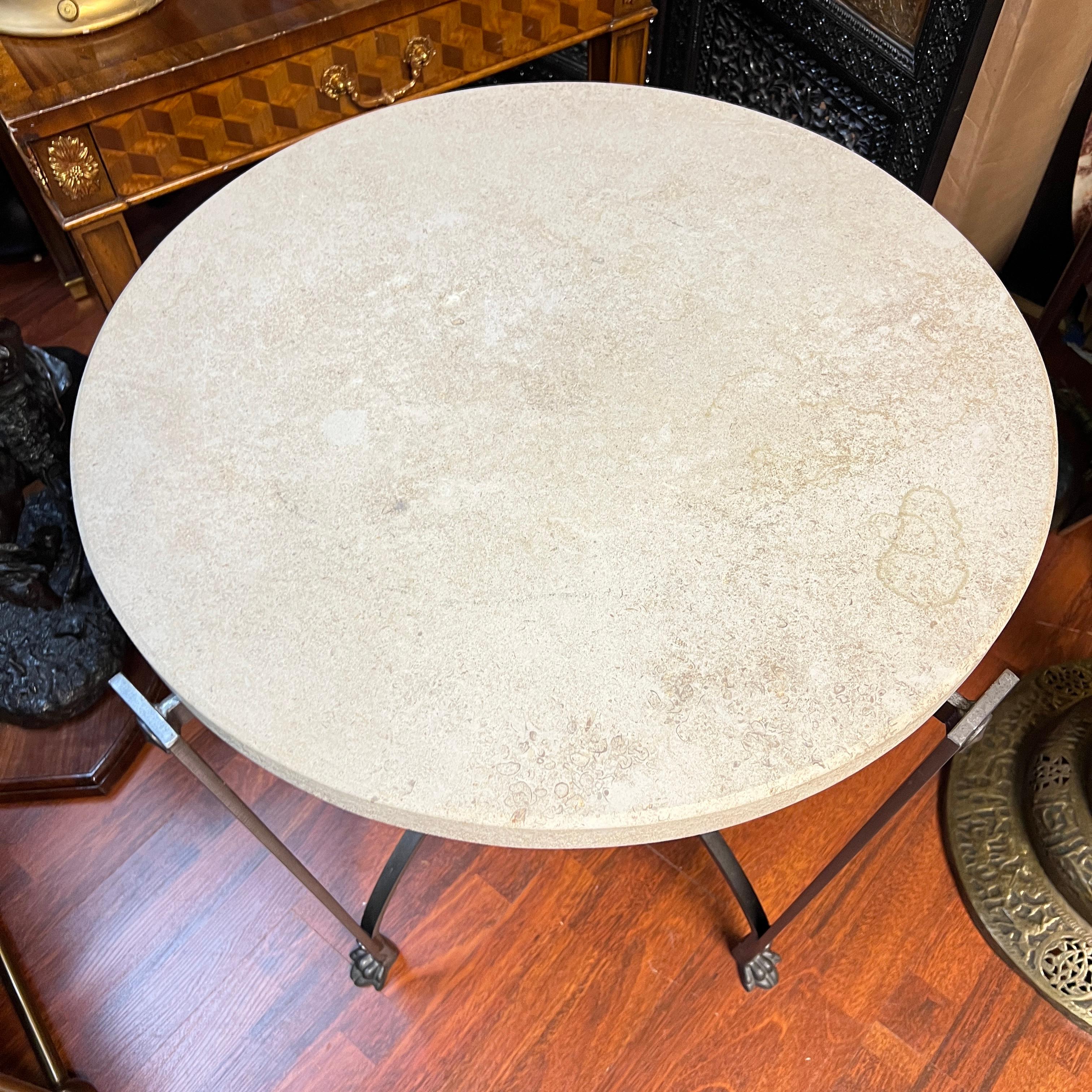Vintage Circular Iron Side Table with Travertine Stone Top For Sale 10