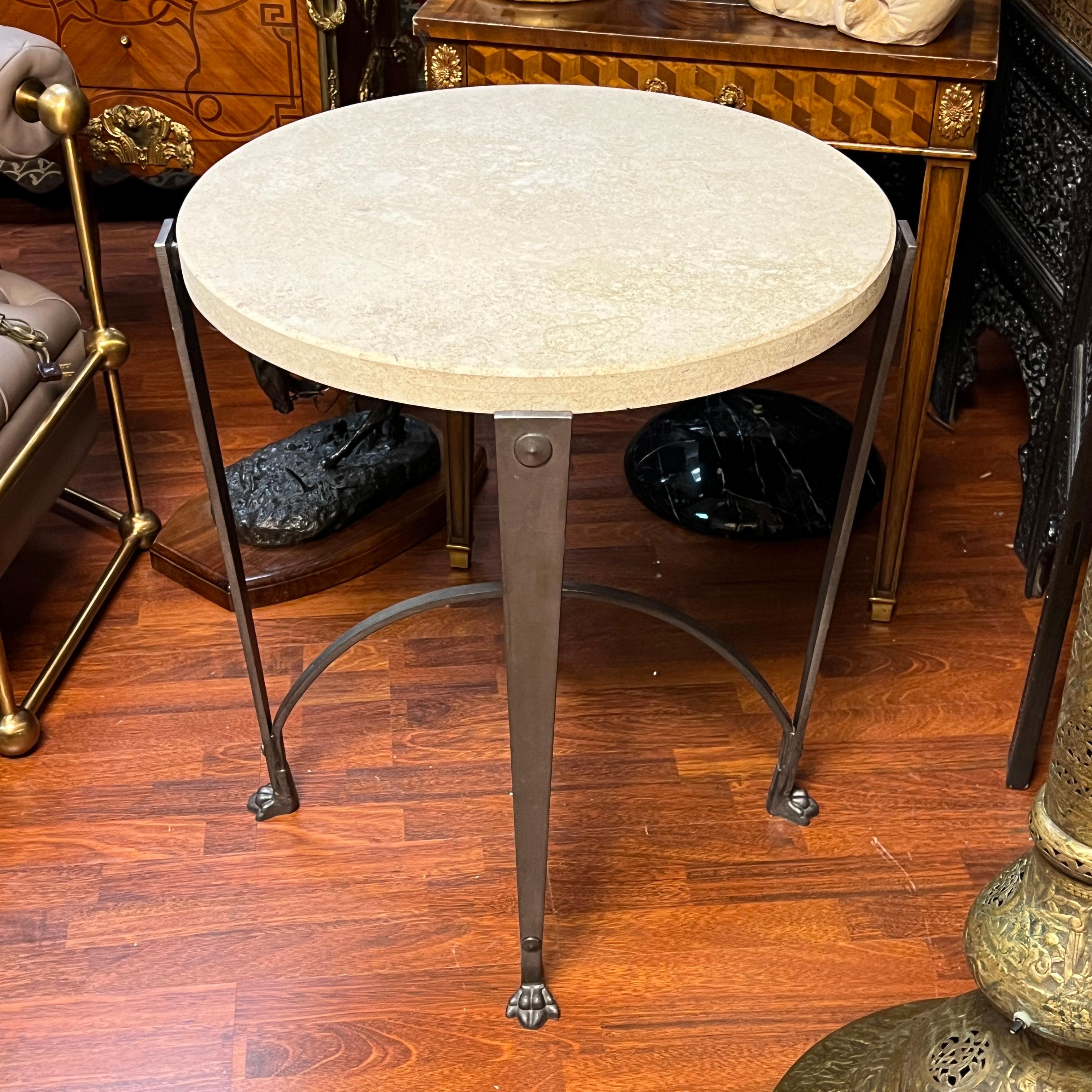 Vintage Neoclassical style  Circular Iron Side Table with Travertine Stone Top.