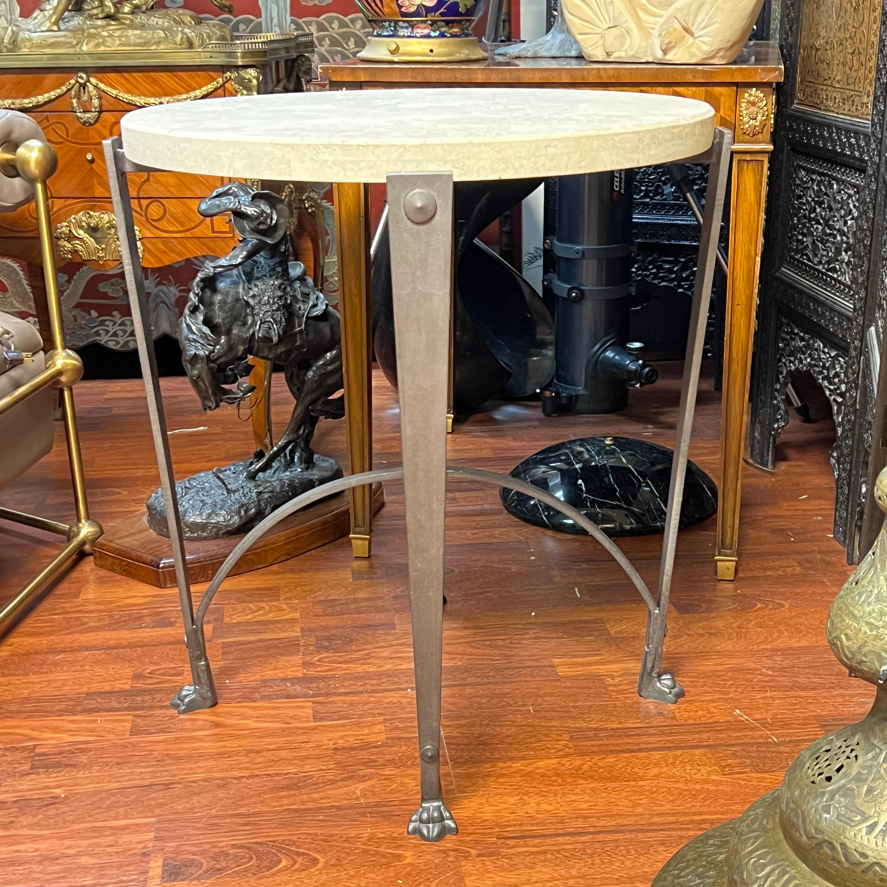 Unknown Vintage Circular Iron Side Table with Travertine Stone Top For Sale