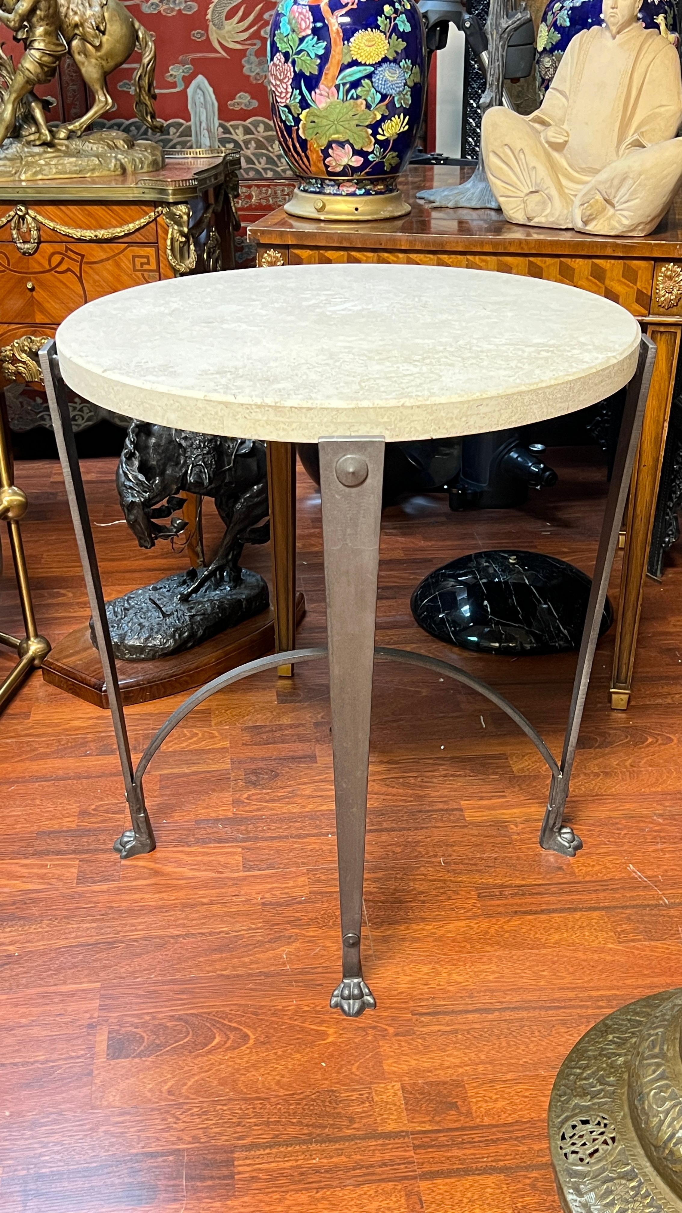 Vintage Circular Iron Side Table with Travertine Stone Top In Good Condition For Sale In New York, NY